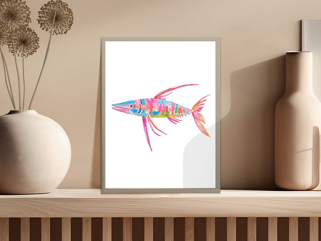 Colorful watercolor illustration of a striped fish with pink fins on a white background.