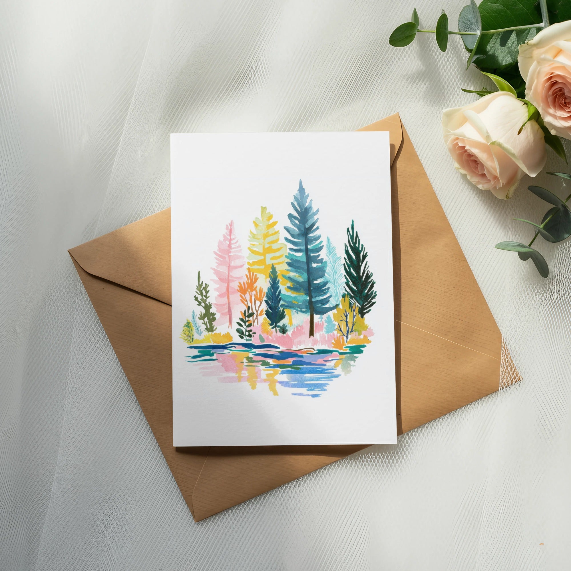 Watercolor forest scene with colorful trees reflected in water on a brown envelope.