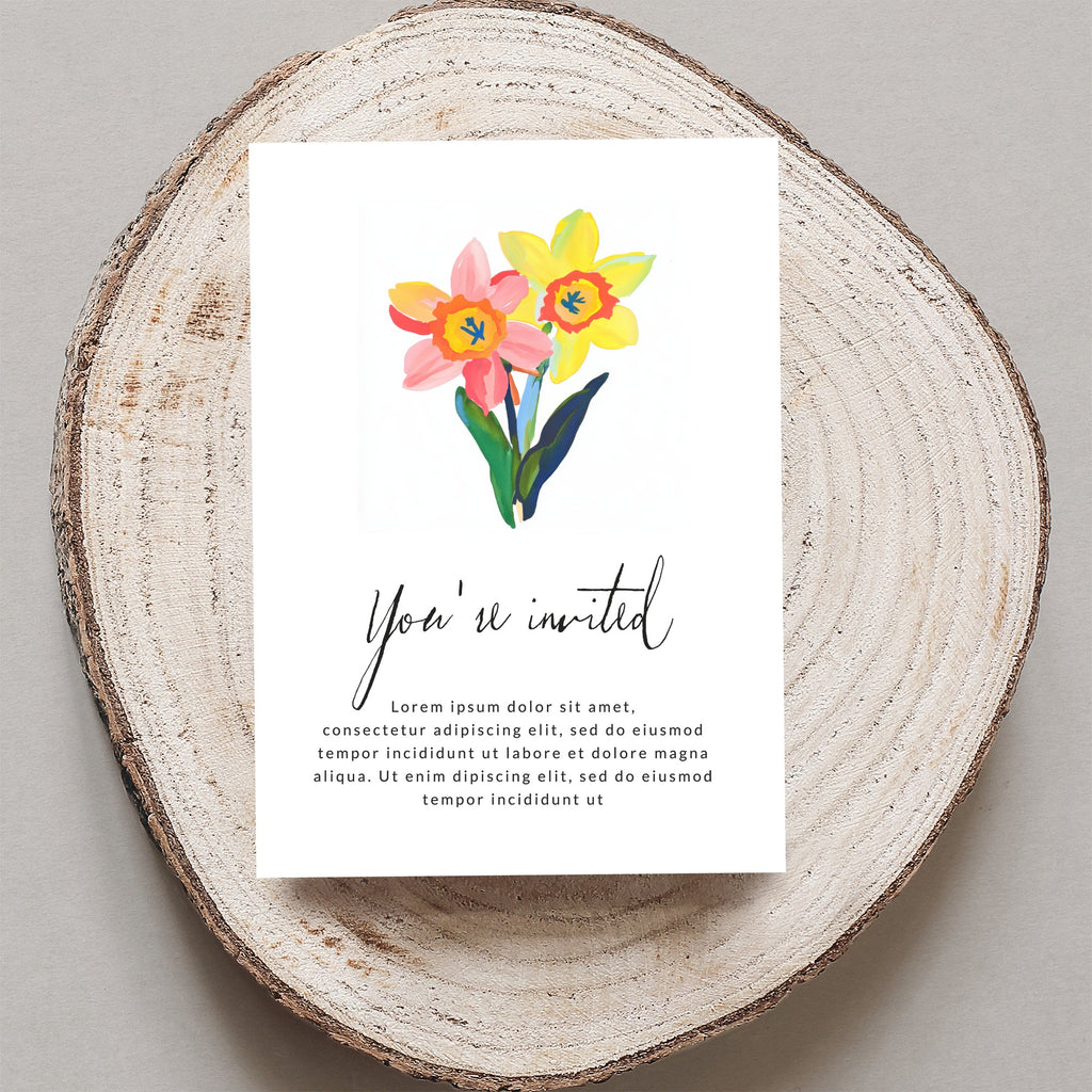 Invitation card with daffodils and "You're invited" text.