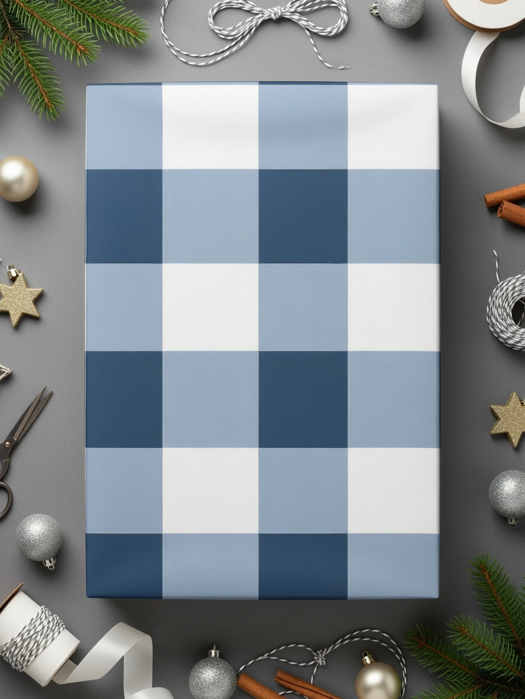 Blue and White Checkered Holiday Gift Wrap Paper