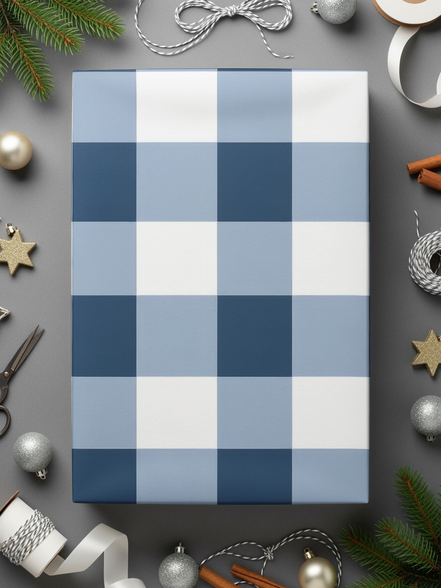 Blue and White Checkered Holiday Gift Wrap Paper