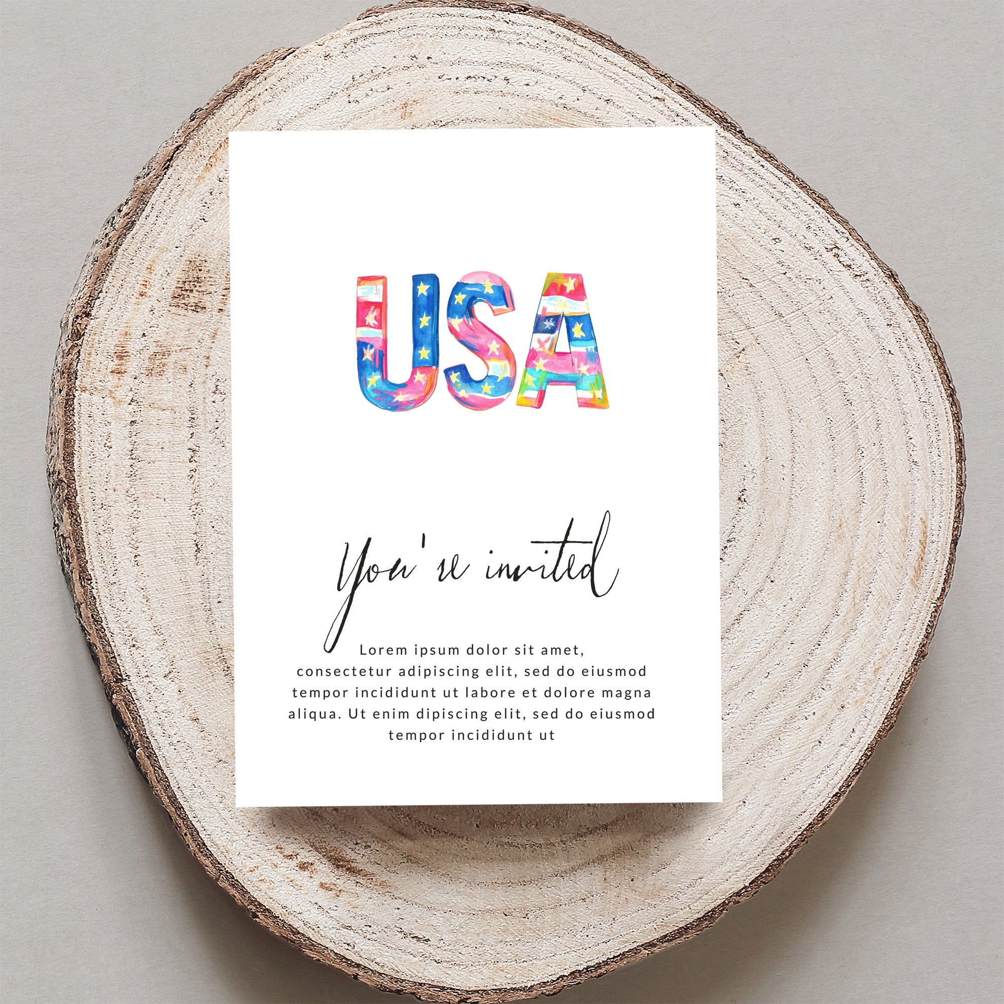 USA invitation with "You're invited" text and decorative USA letters.
