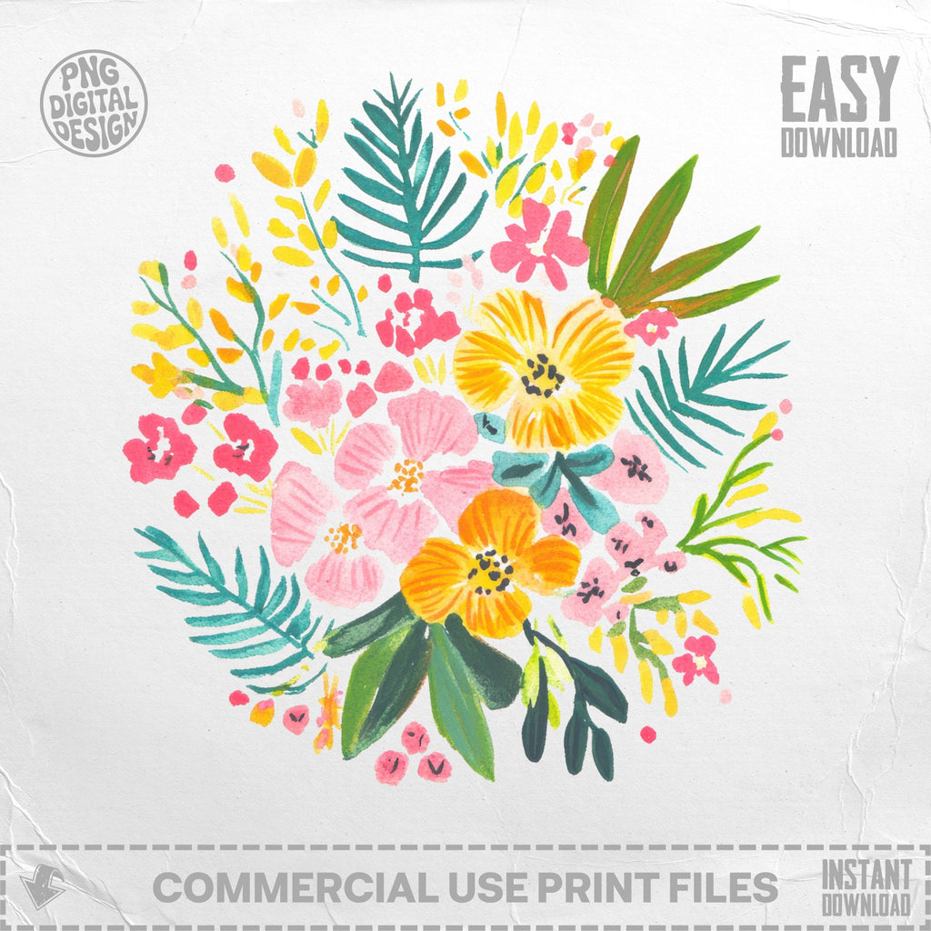 Watercolor floral bouquet with "Easy Download" and "Commercial Use Print Files" text.