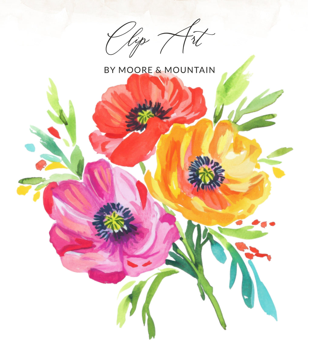 Watercolor floral clip art of three poppies and foliage.