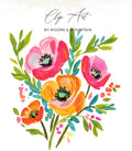 Floral clip art with pink and orange flowers and green leaves, by Moore & Mountain.