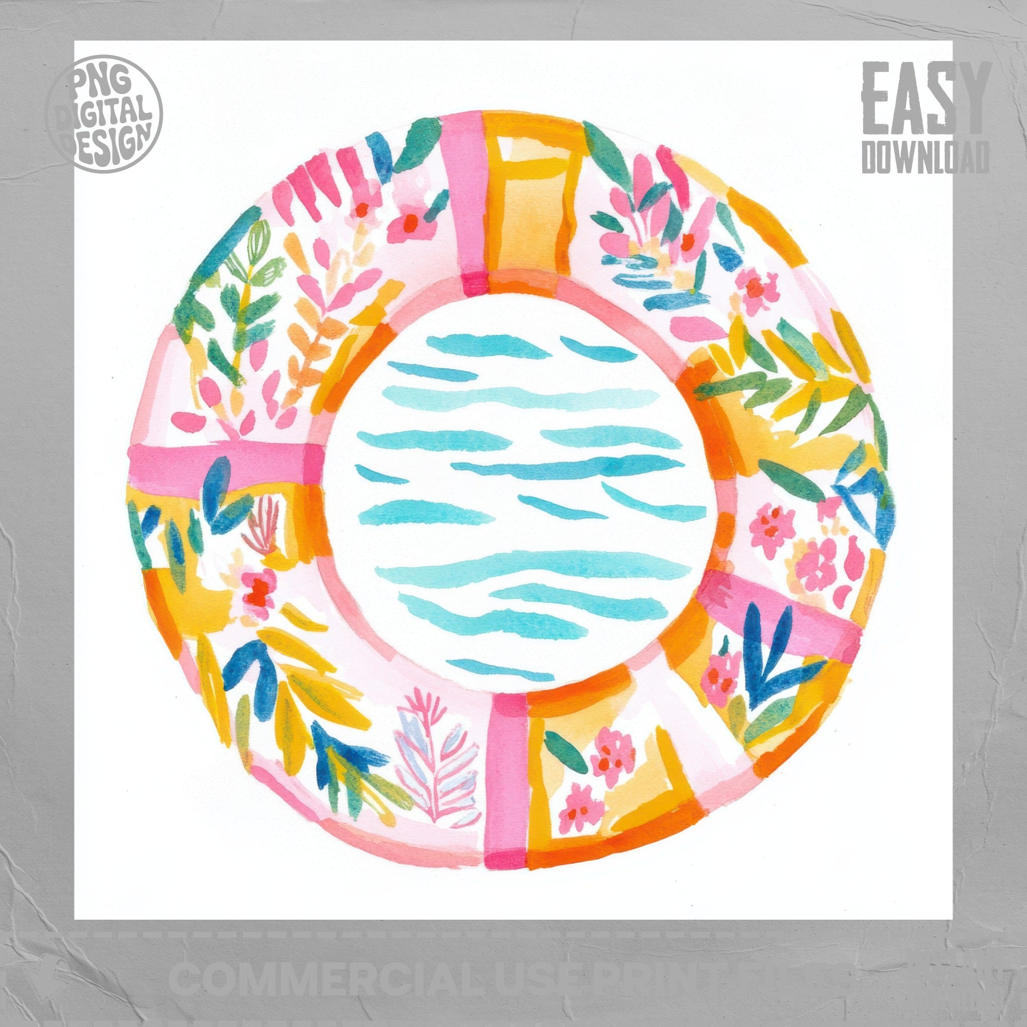 Colorful floral life preserver design with blue water pattern.