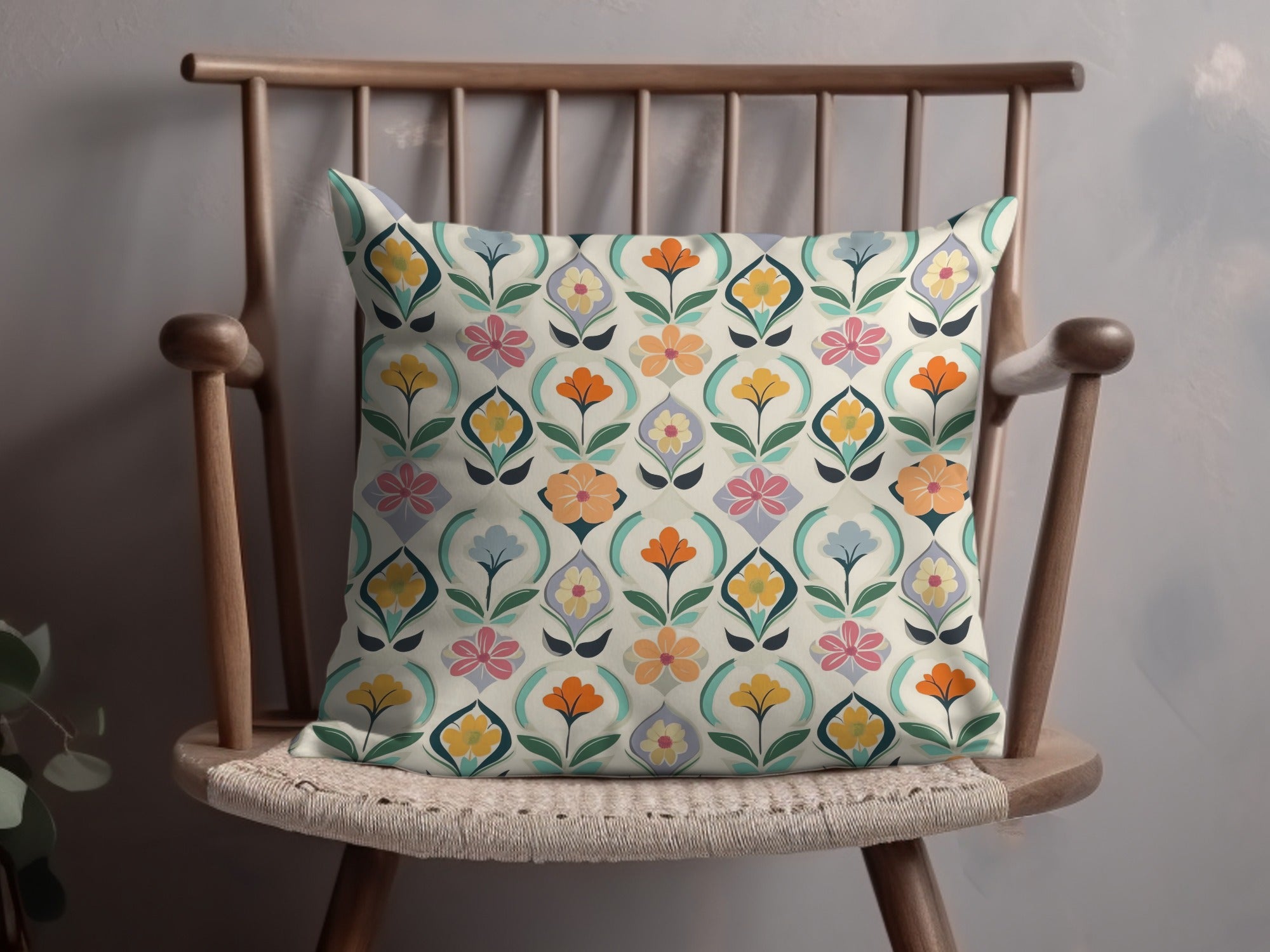 Throw pillow with a colorful floral geometric pattern on a wooden chair.