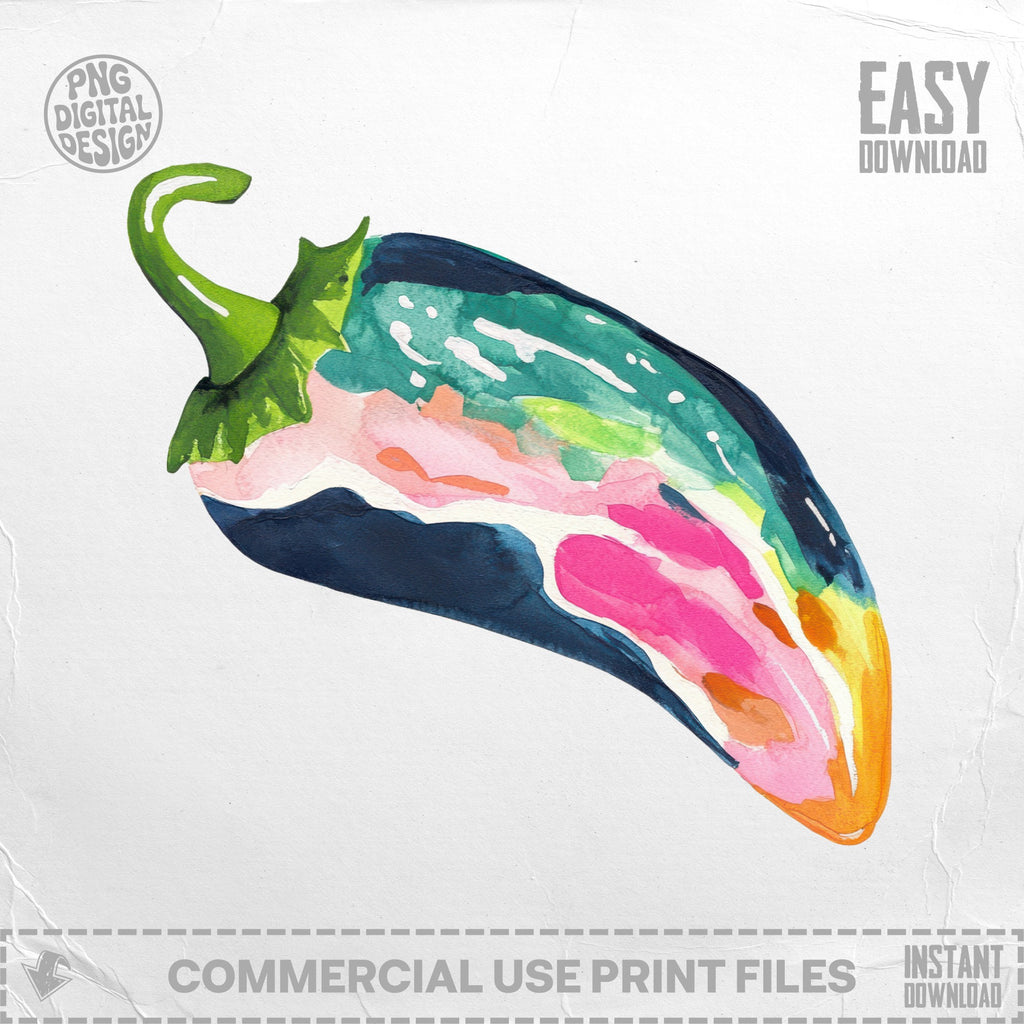 Colorful watercolor pepper with "PNG DIGITAL DESIGN" and "EASY DOWNLOAD" text.