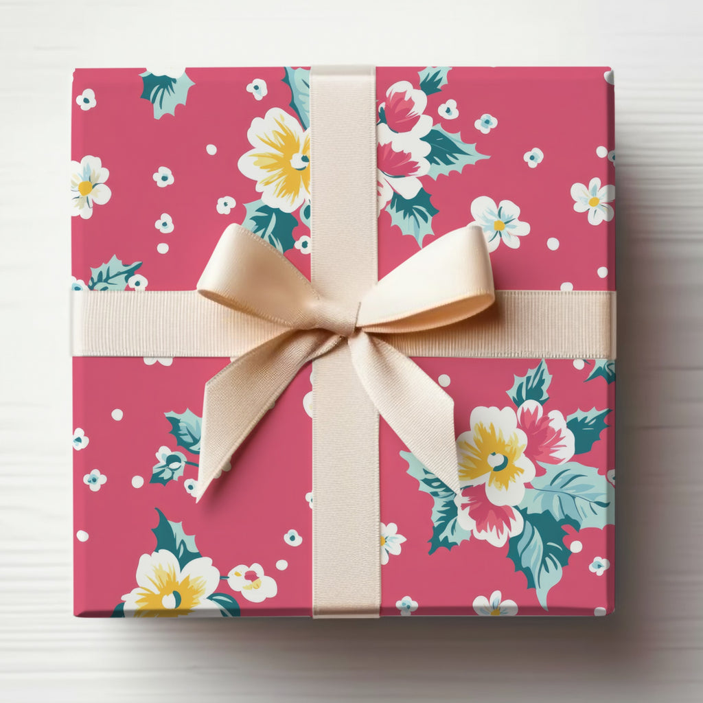 Floral Patterned Gift Wrap with Cream Ribbon Product