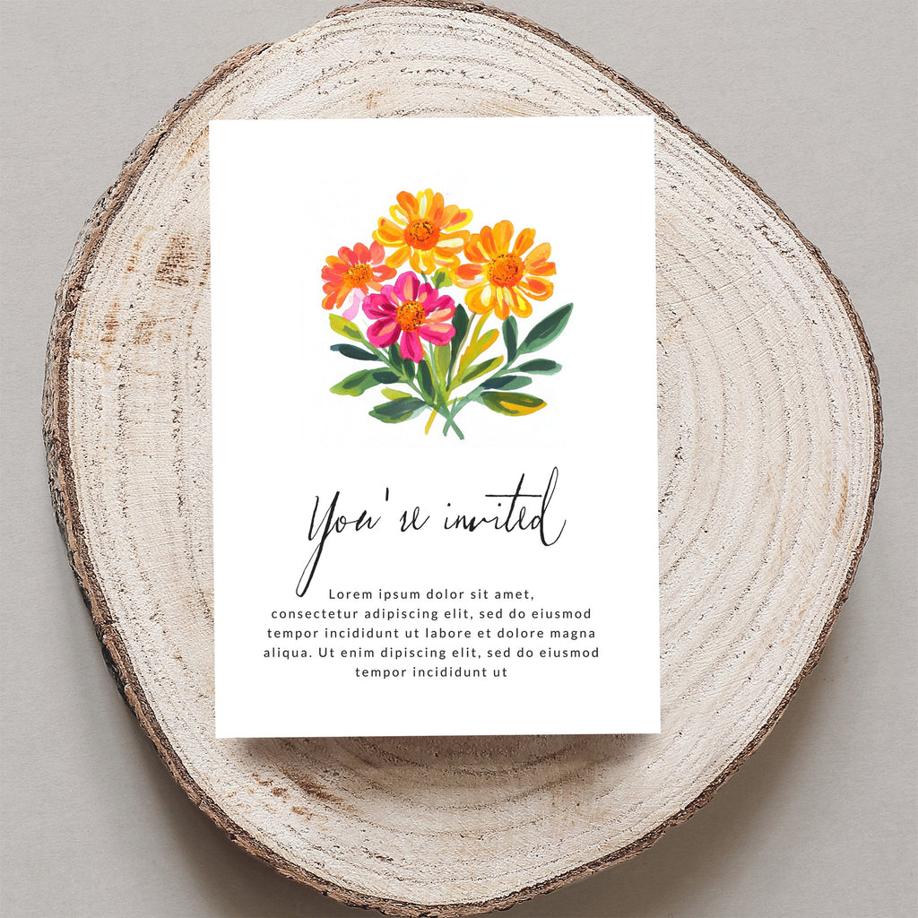 Invitation card with watercolor floral design and "You're invited" text.