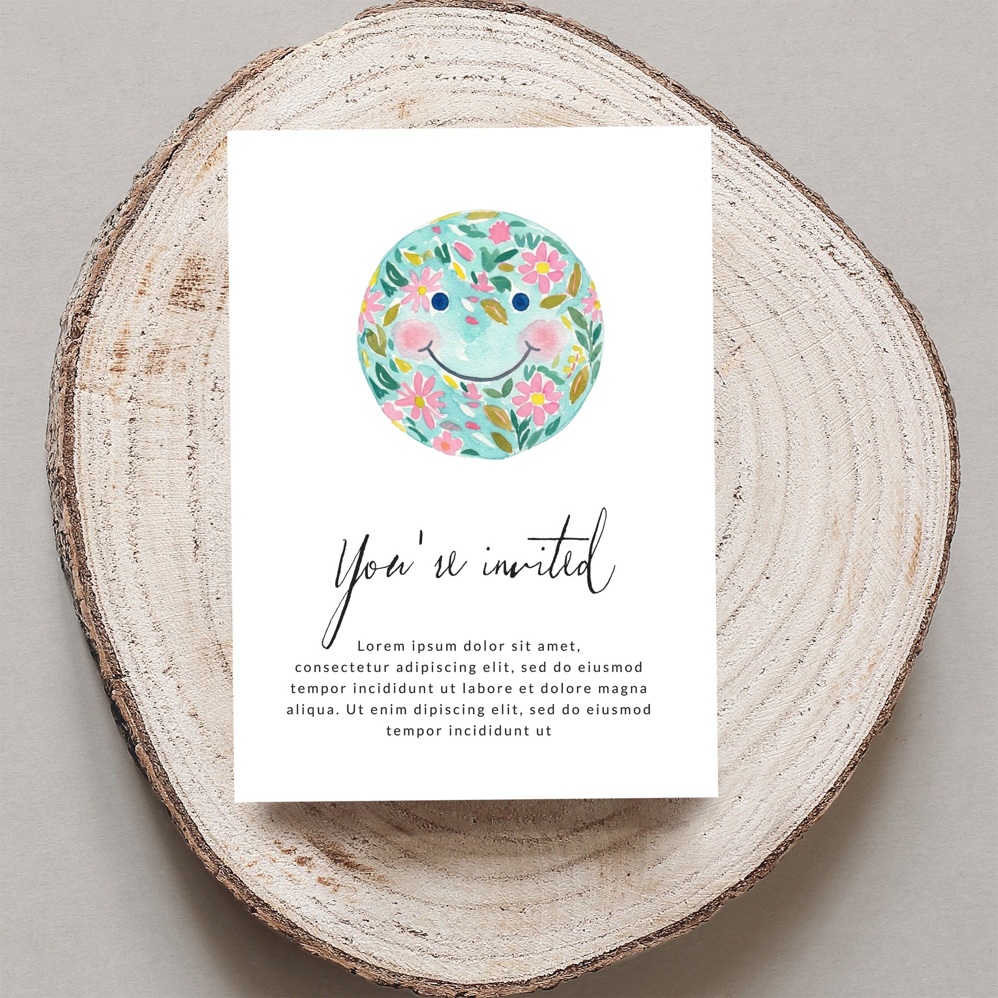Invitation with floral smiley face and placeholder text.
