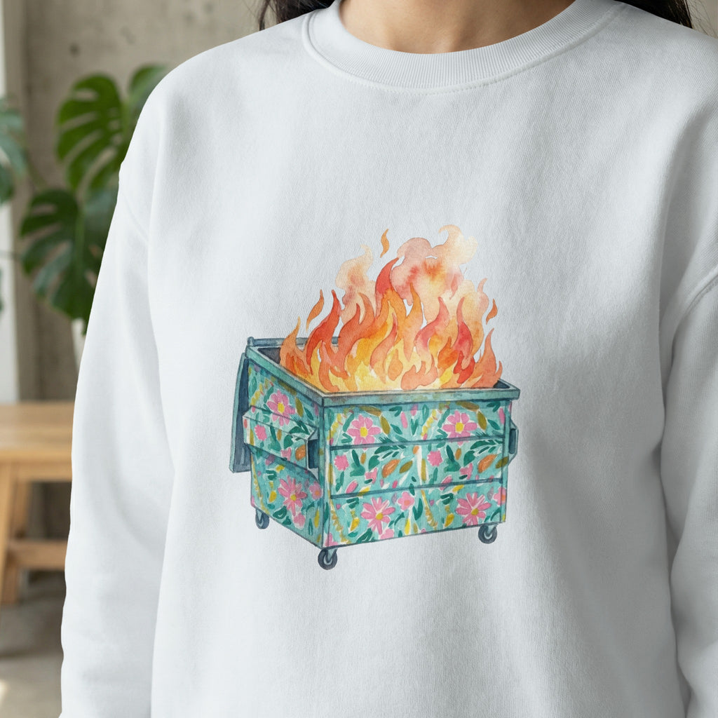 White sweatshirt with a watercolor illustration of a floral dumpster fire.