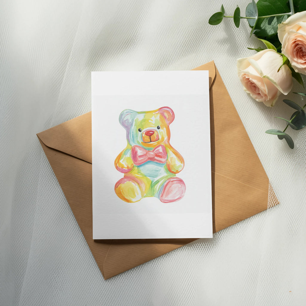 Colorful teddy bear drawing on a card atop a brown envelope.