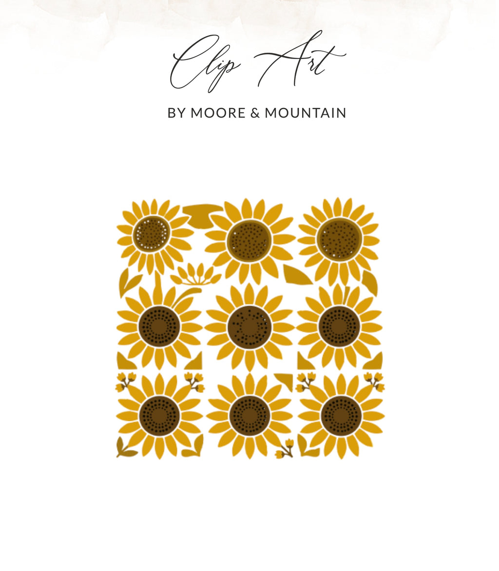 Nine stylized sunflowers arranged in a grid, with "Clip Art" text above.