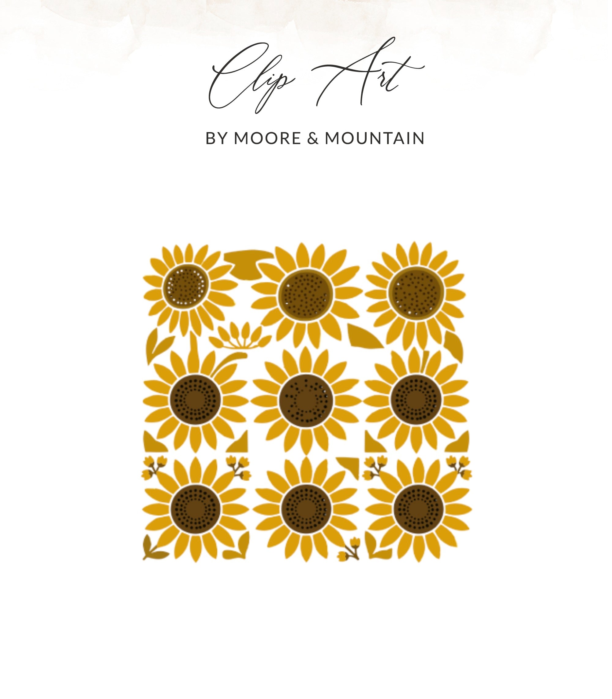 Nine stylized sunflowers arranged in a grid, with "Clip Art" text above.