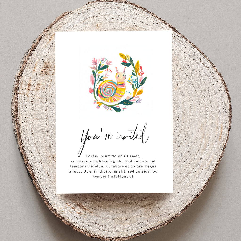 Invitation card with "You're invited" and snail illustration.