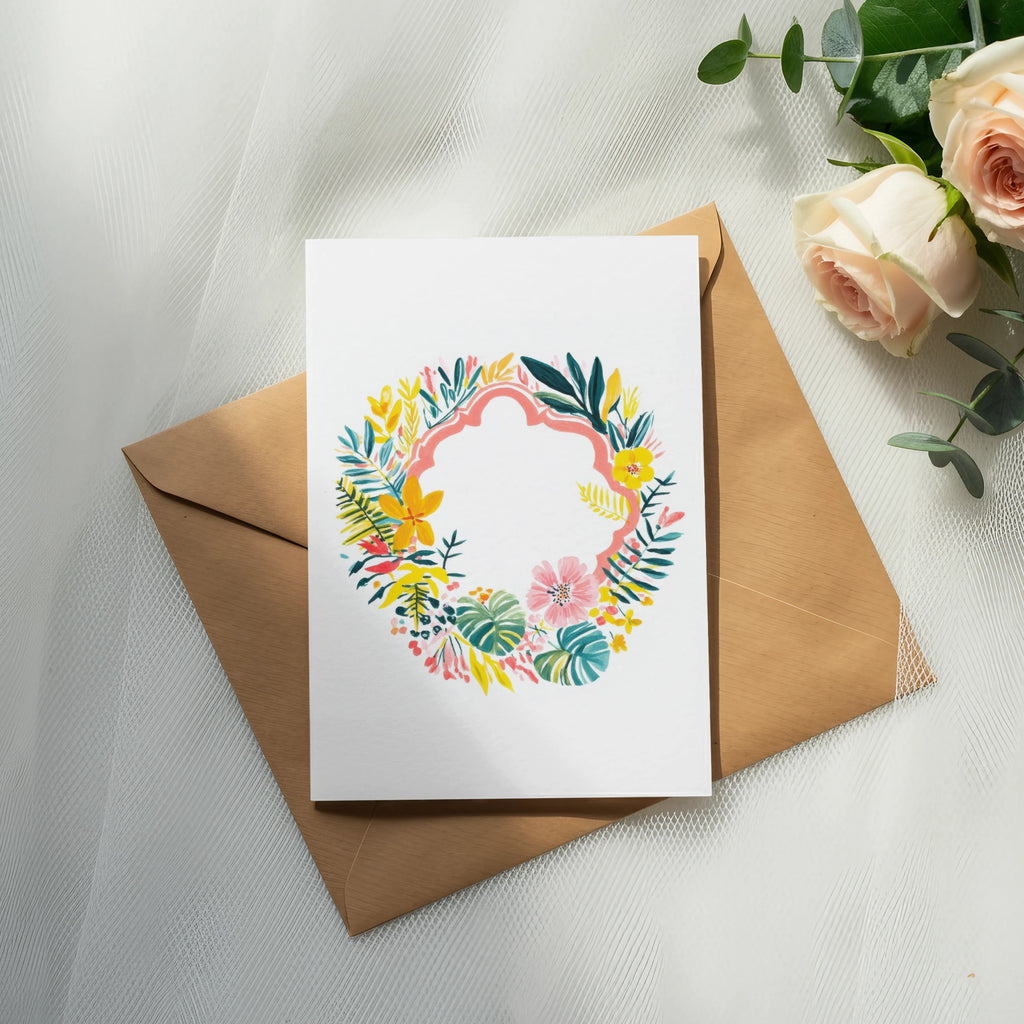 Card with floral wreath design on a brown envelope with roses.