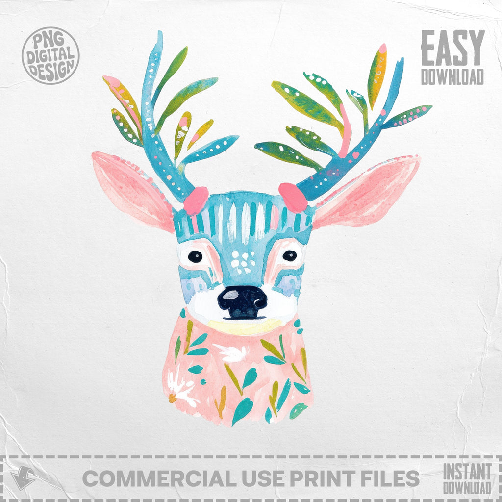 Watercolor illustration of a deer with colorful antlers and floral patterns.