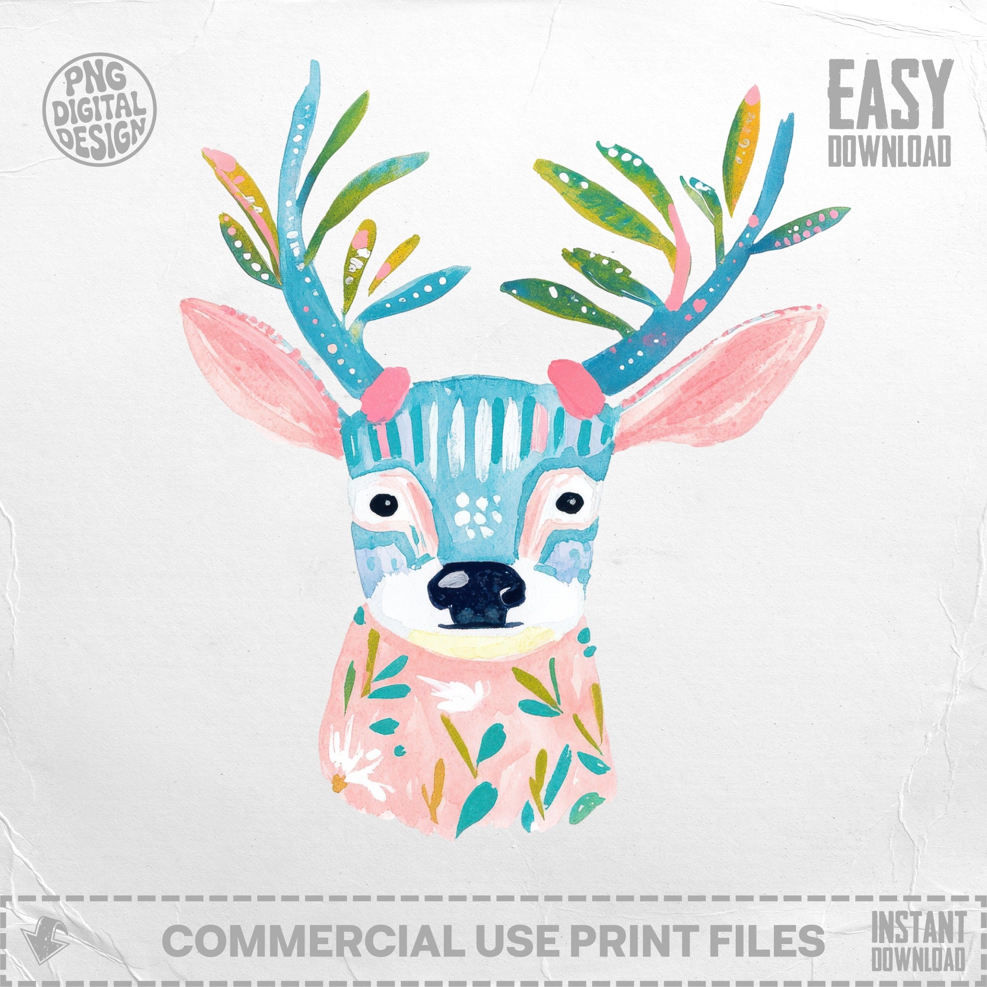 Watercolor illustration of a deer with colorful antlers and floral patterns.