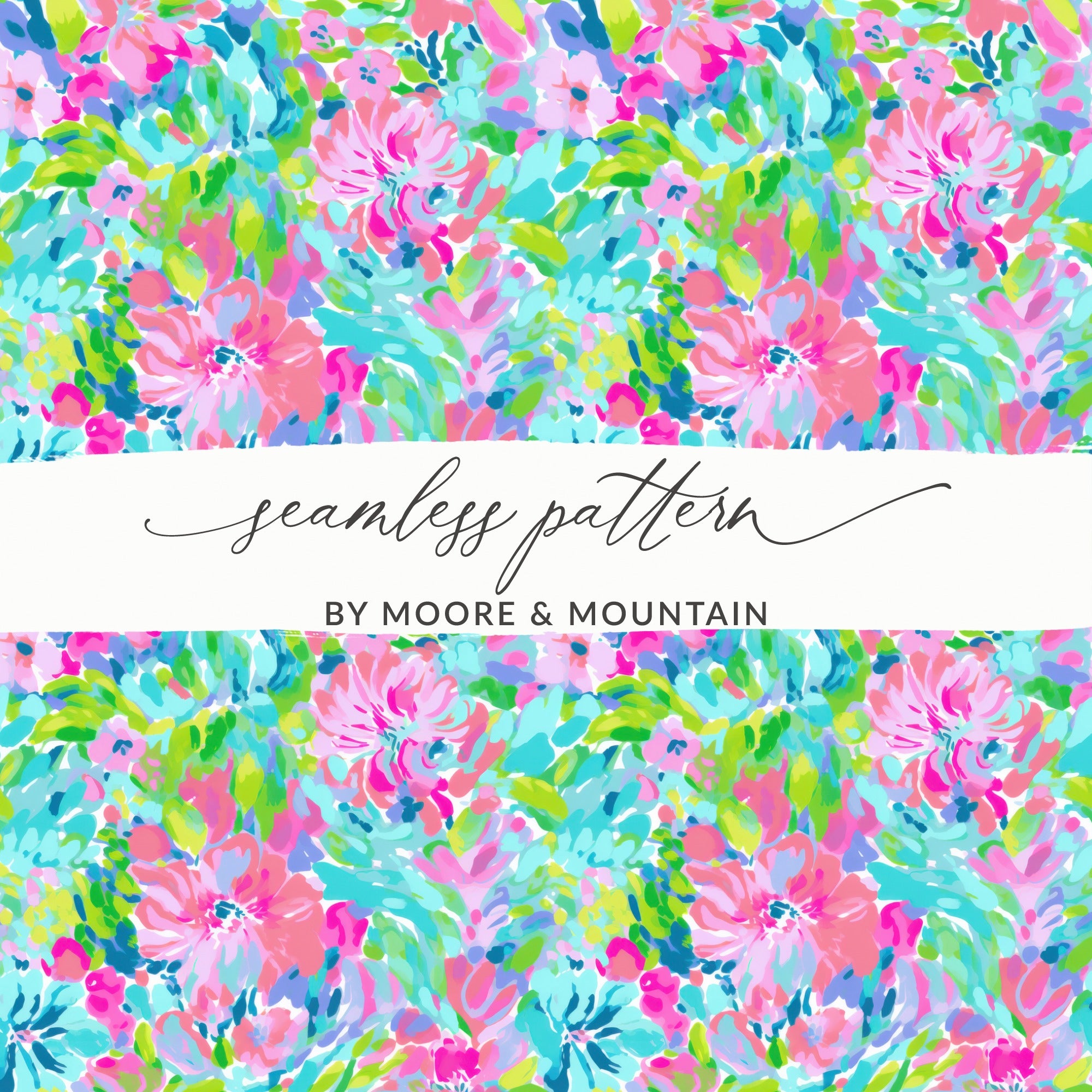 Floral seamless pattern with "seamless pattern" and "by Moore & Mountain" text.