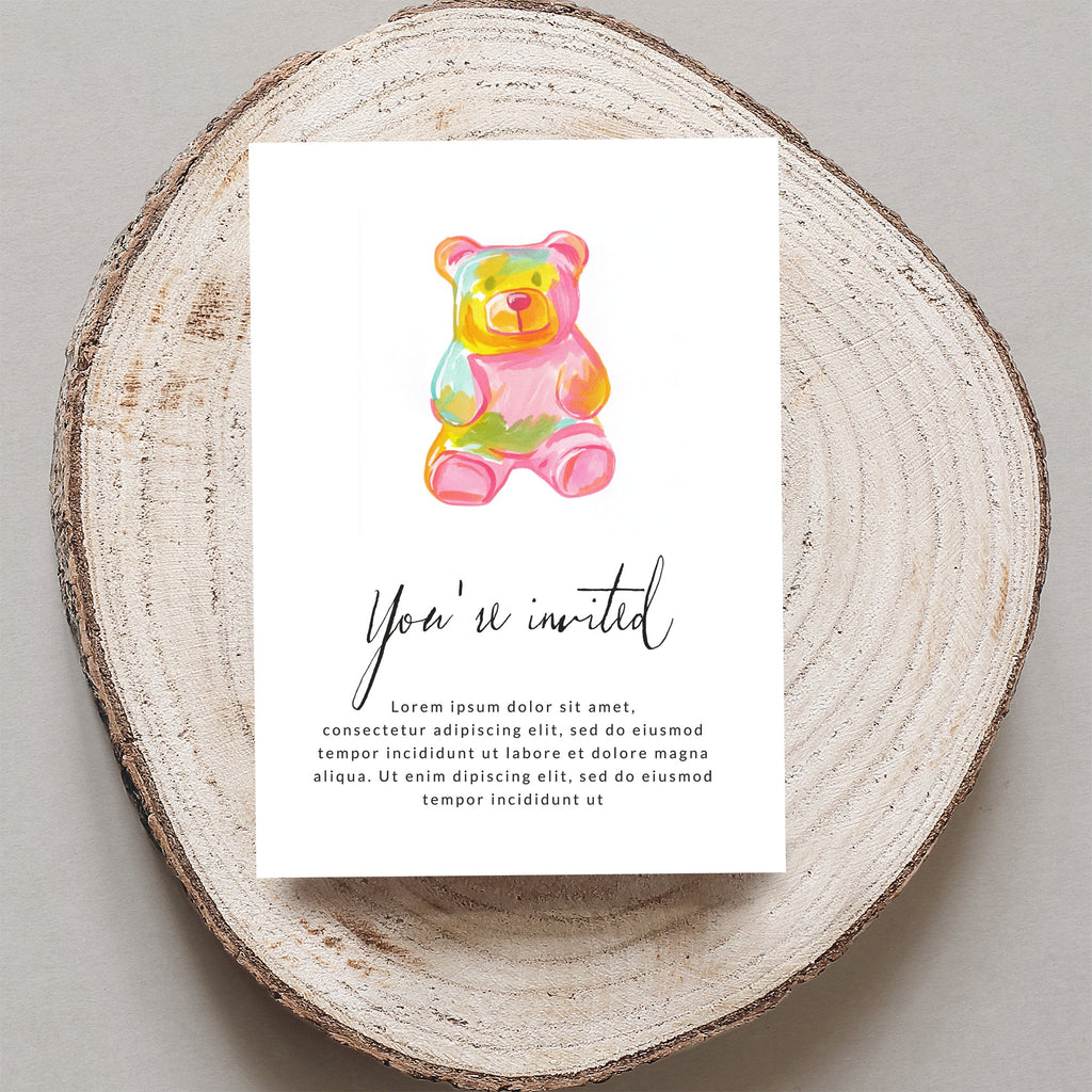 Gummy bear invitation with "You're invited" text and placeholder lorem ipsum.