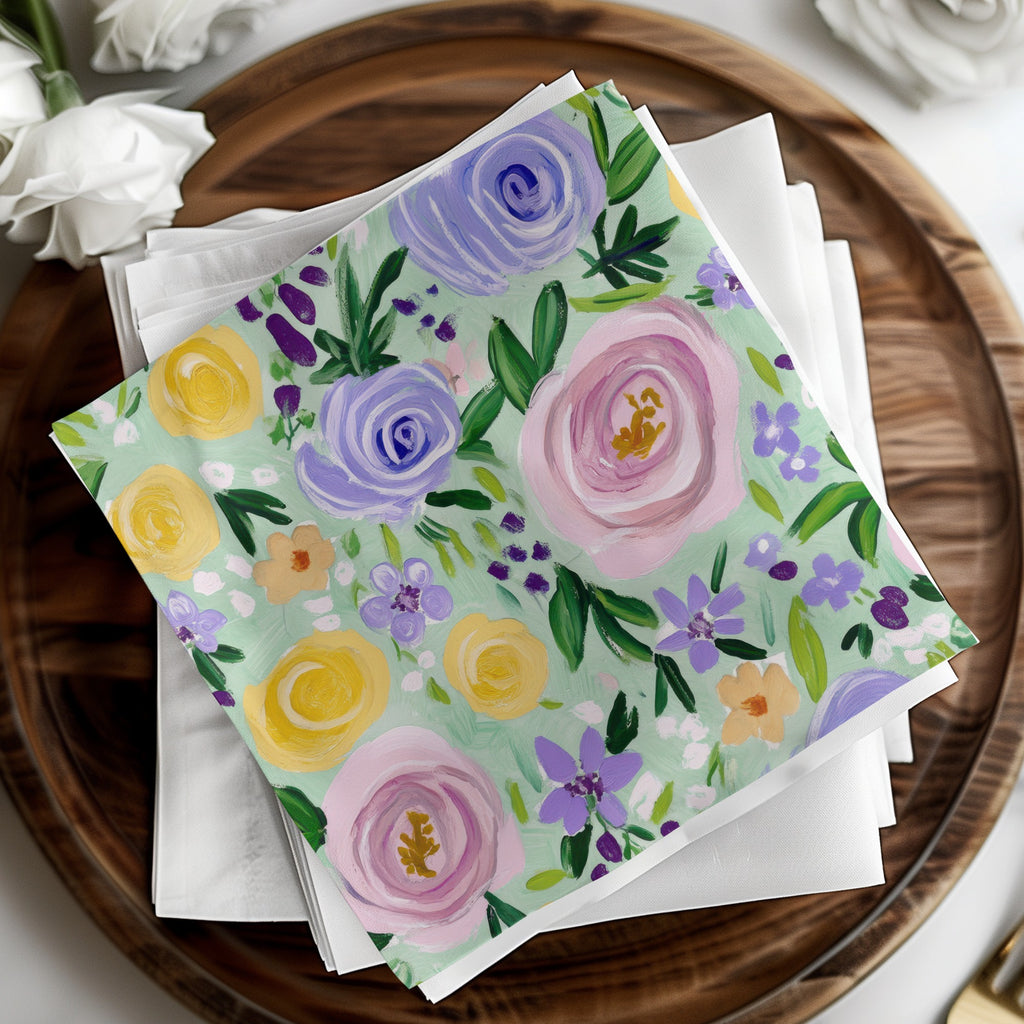 Fine Art Floral Seamless Pattern, Acrylic Floral Print, Pastel Flowers Digital Paper, Mint Green Floral Pattern, Fabric Design