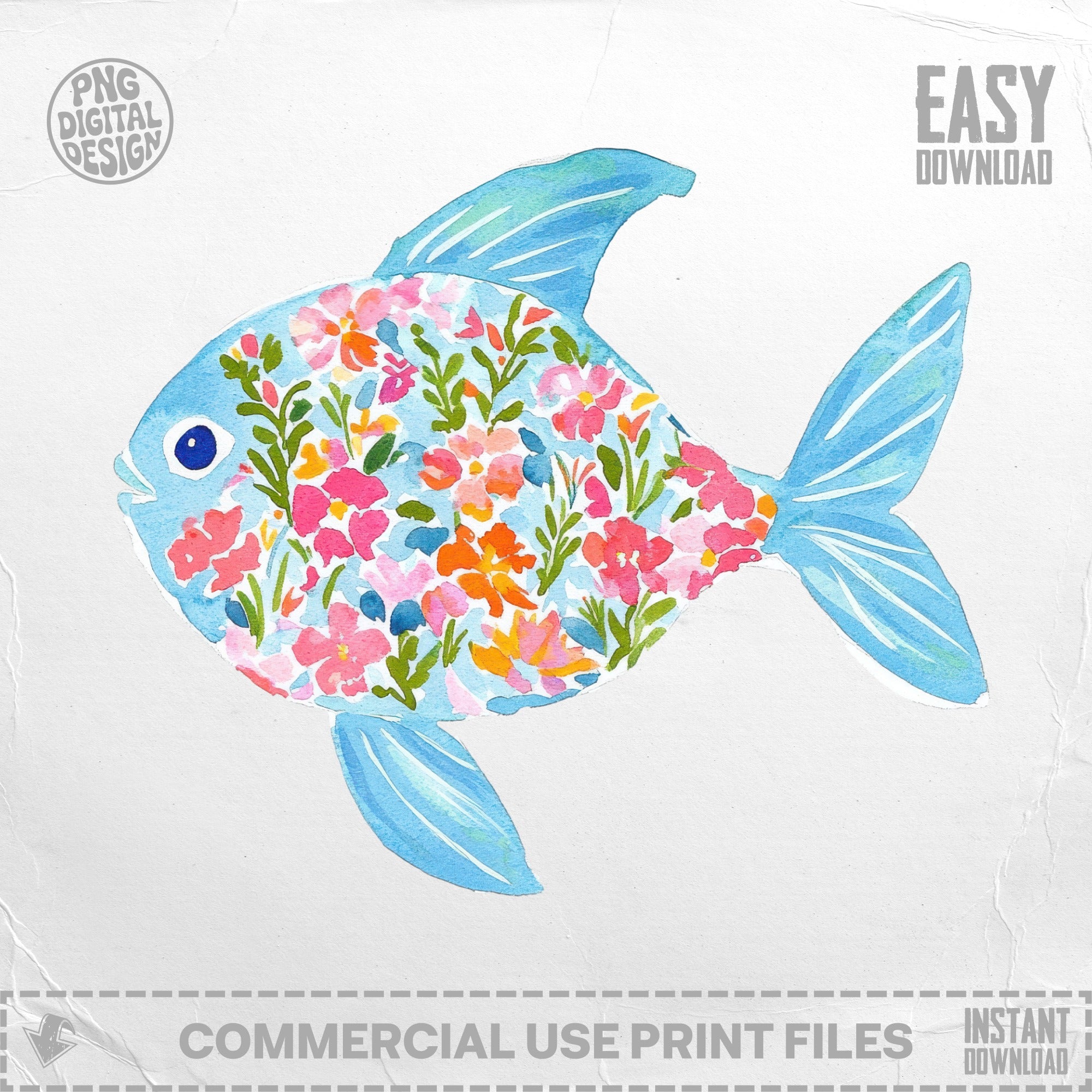 Blue fish with floral pattern, "PNG Digital Design" and "Easy Download".