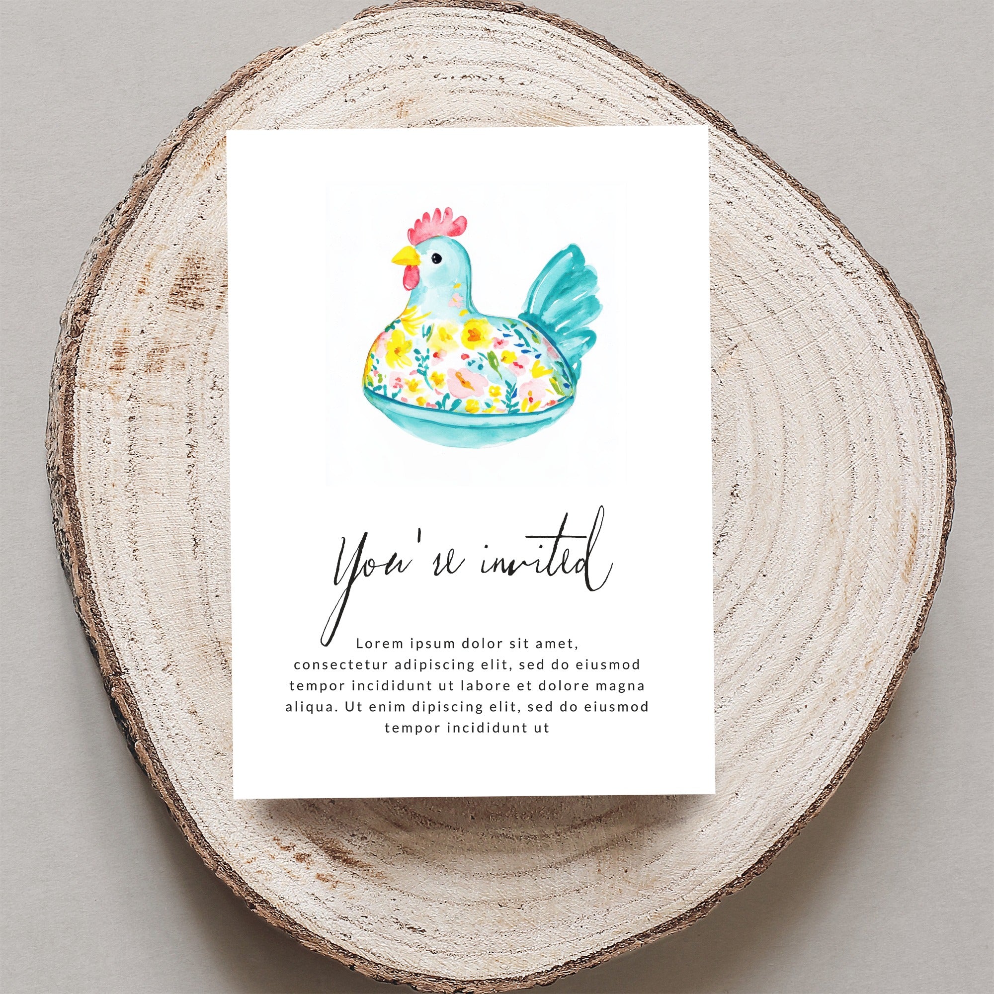 Watercolor chicken illustration on a card, "You're invited" and placeholder text.