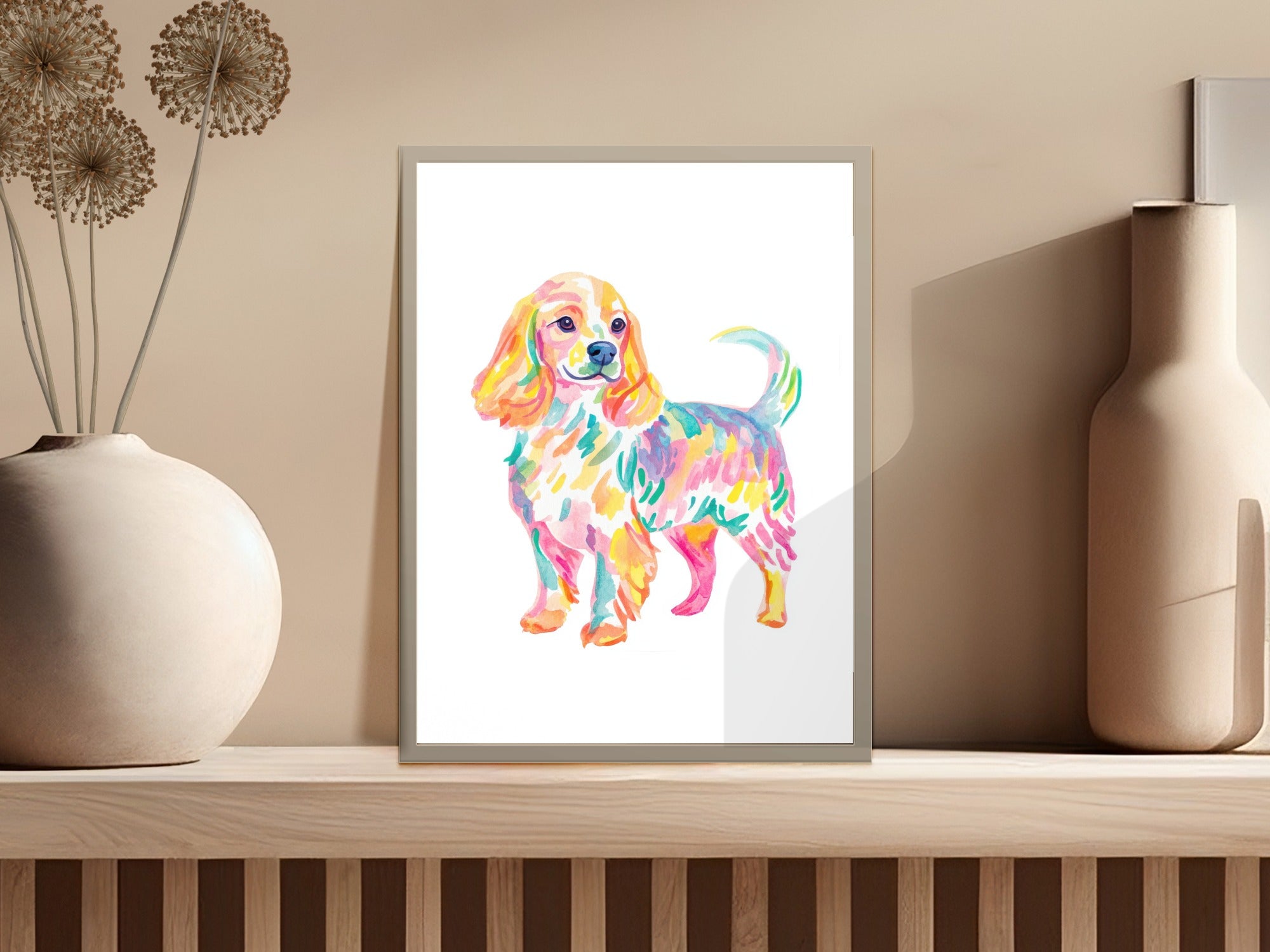 Watercolor painting of a playful spaniel with vibrant colors.
