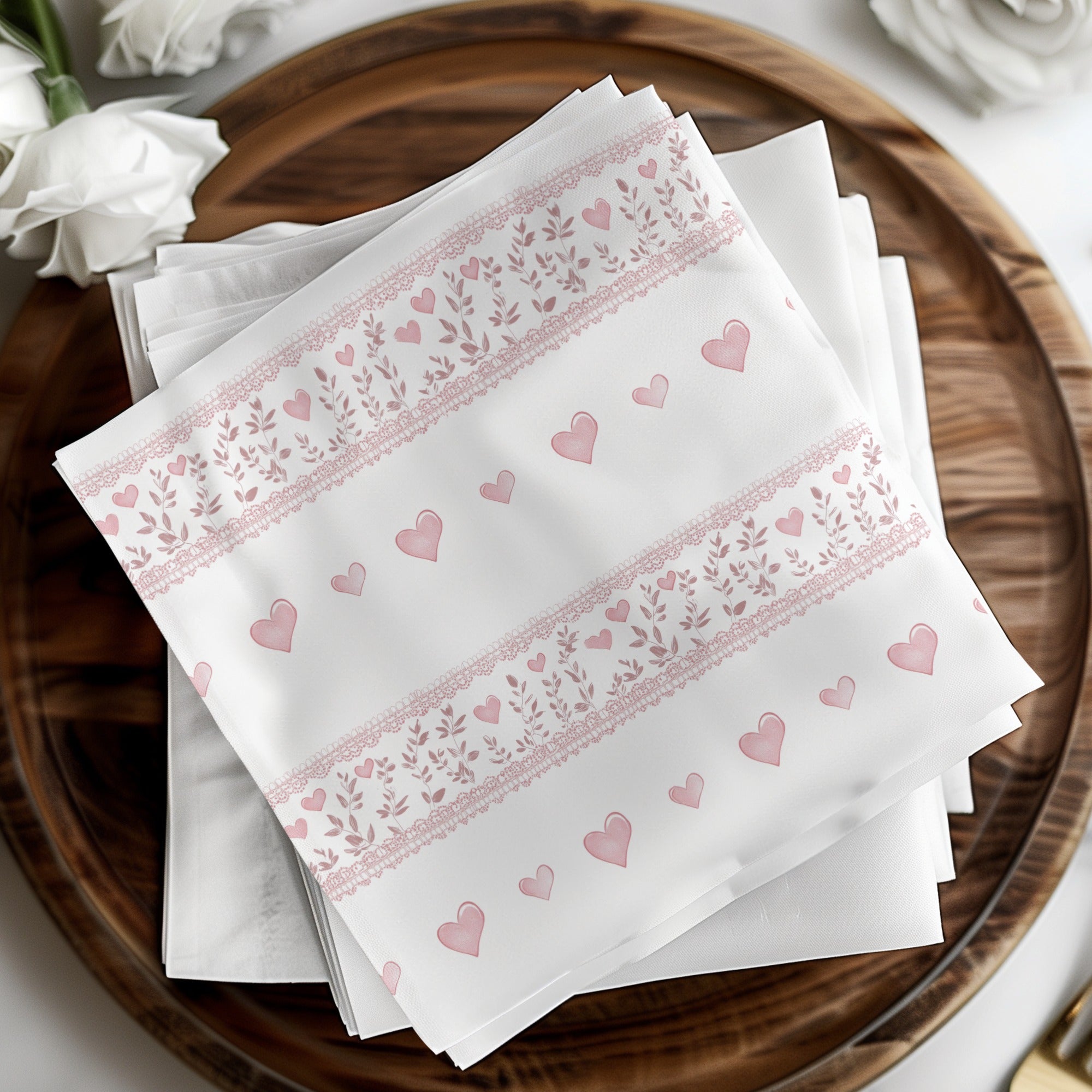 Elegant Pink Hearts and Floral Pattern Napkin Set