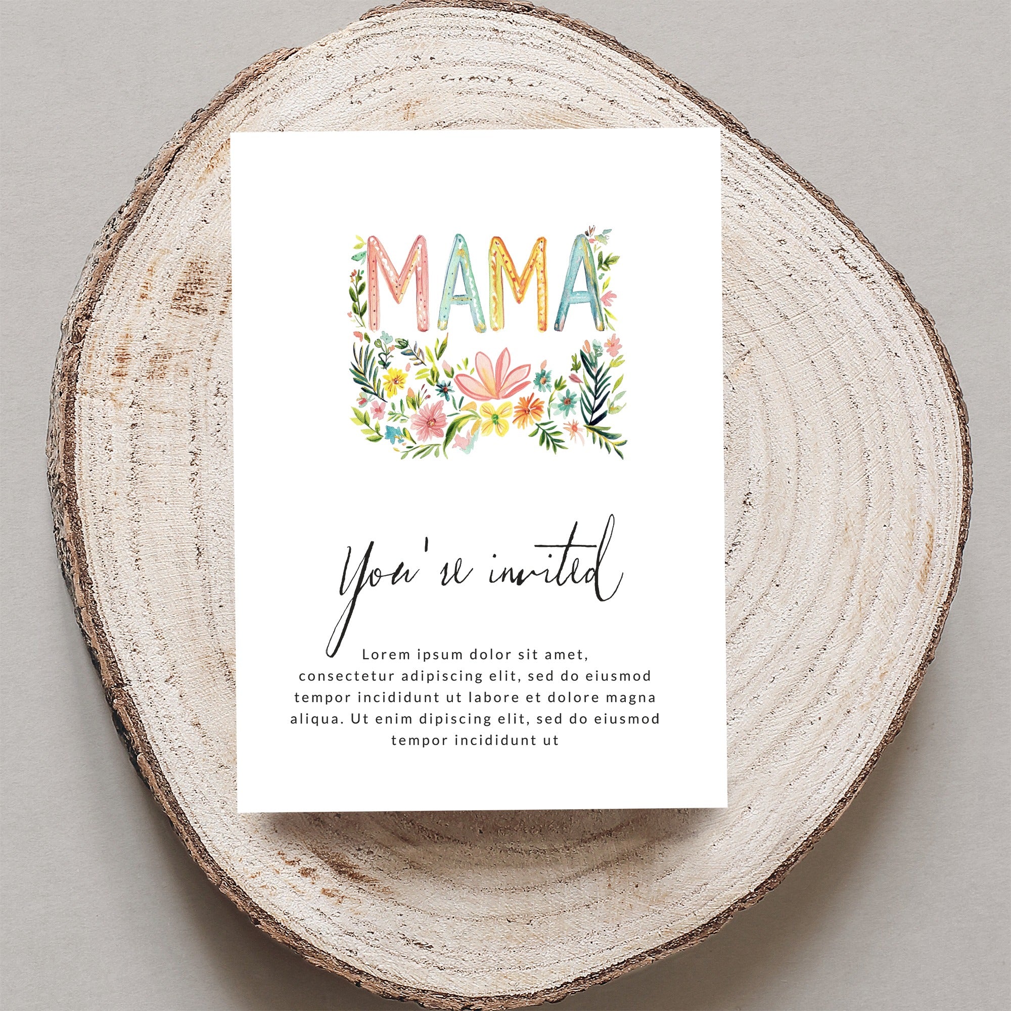Floral "MAMA" invitation card with "You're invited" text.