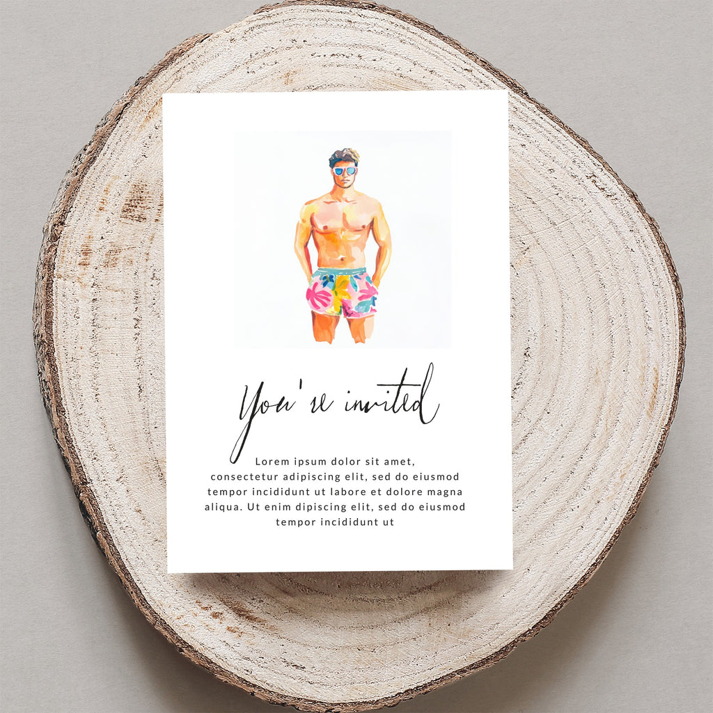 Watercolor illustration of a man in swim trunks, with "You're invited" text.