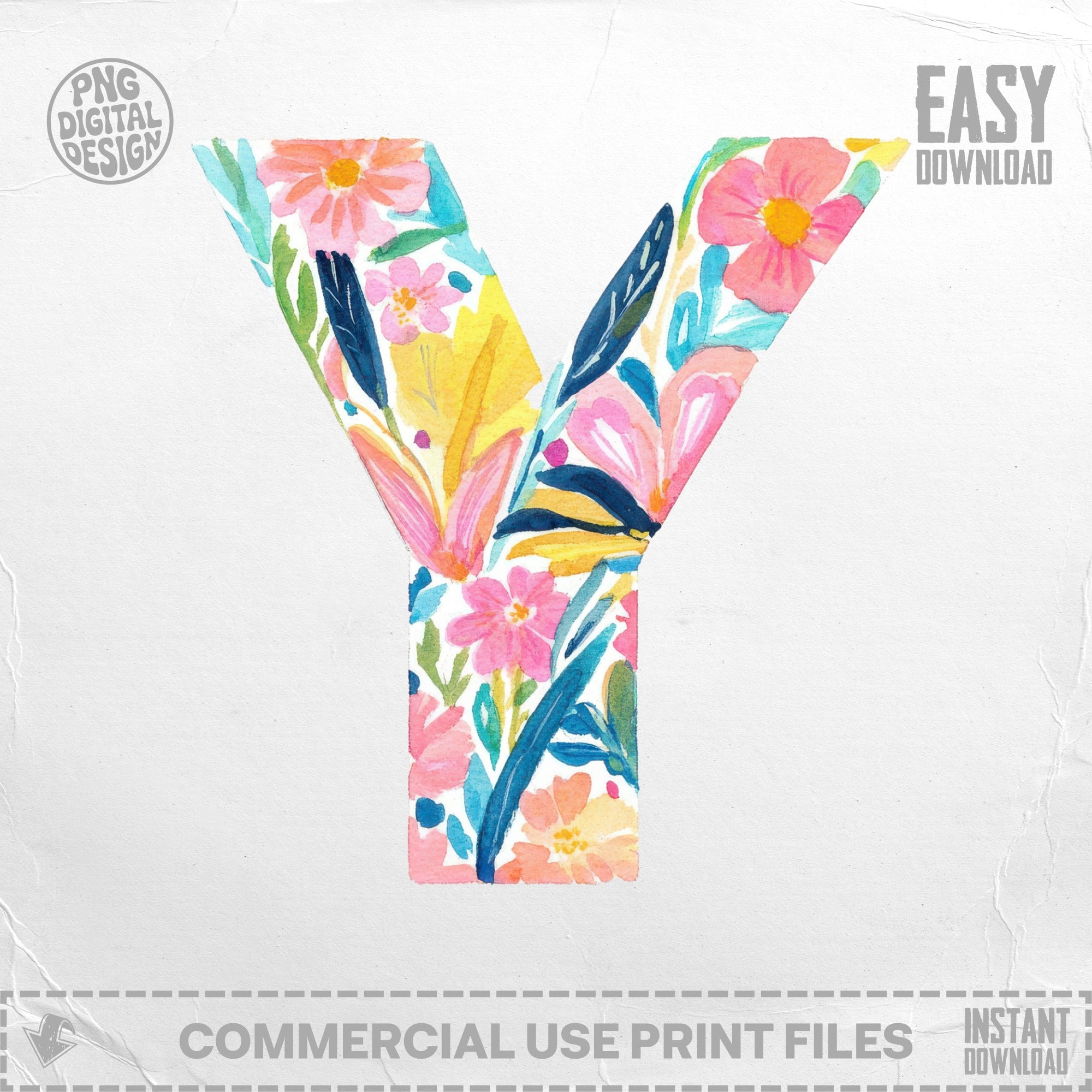 Floral letter Y with "Easy Download" and "Commercial Use Print Files."