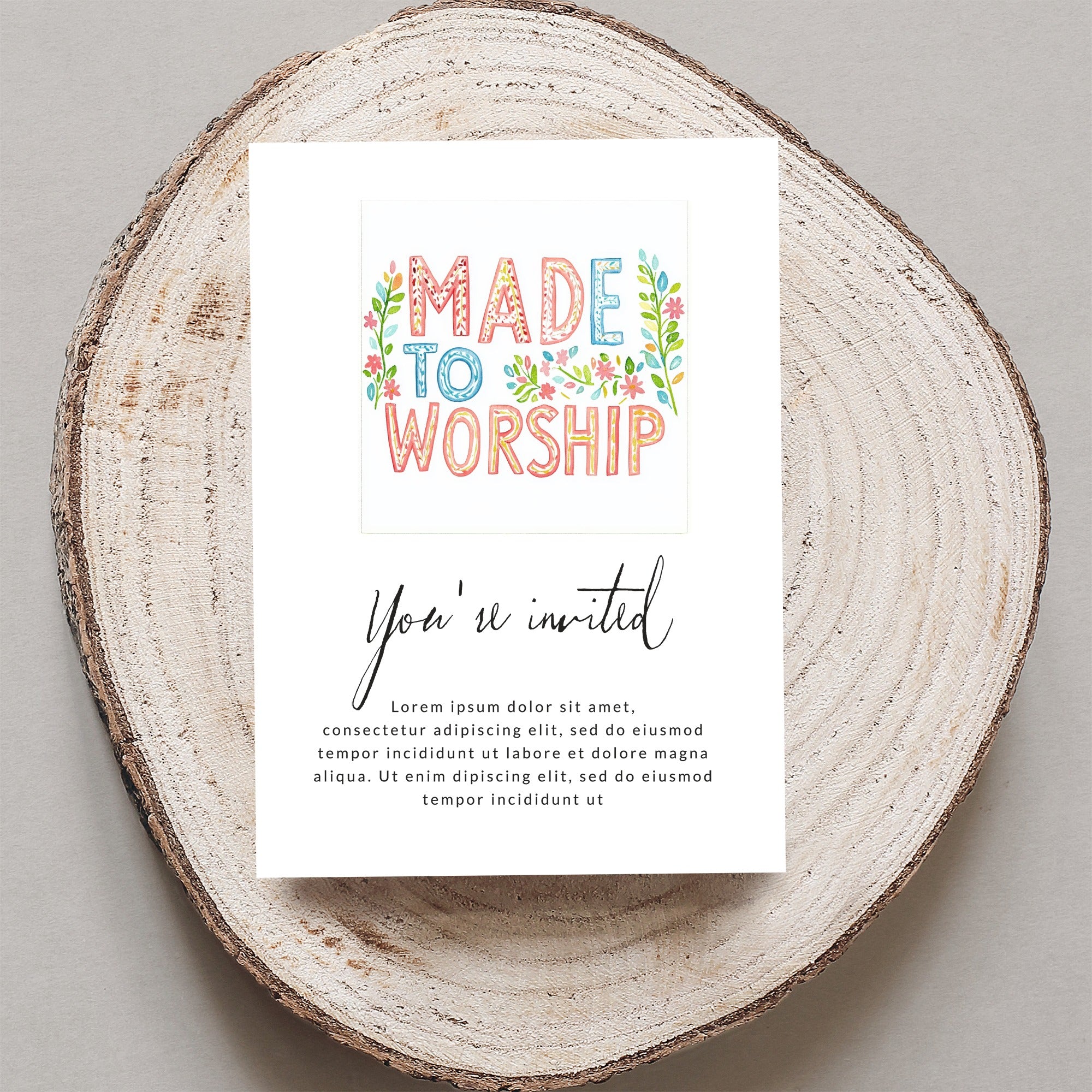 Invitation with "MADE TO WORSHIP" in colorful text and placeholder text.