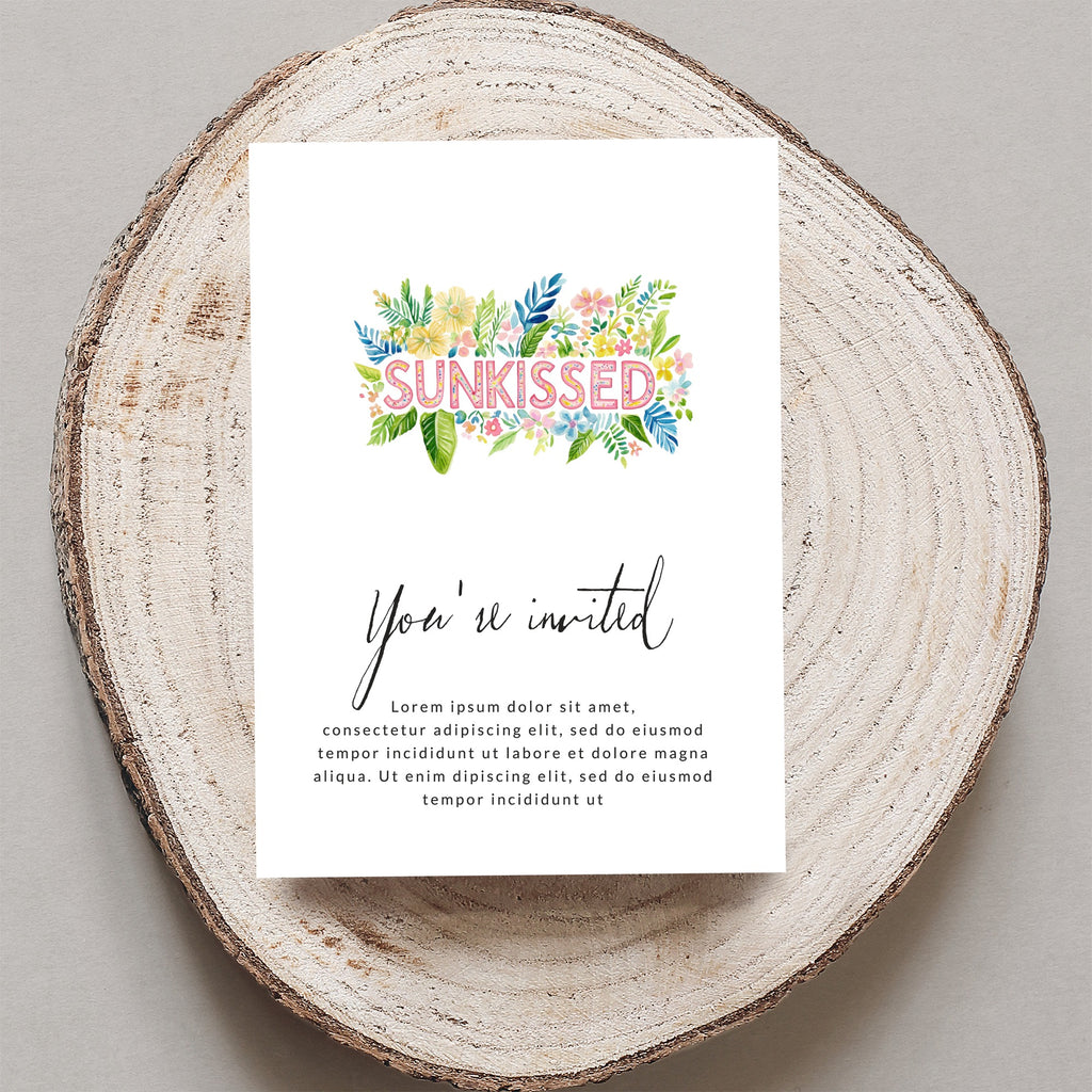 "SUNKISSED" invitation with floral accents and placeholder text.