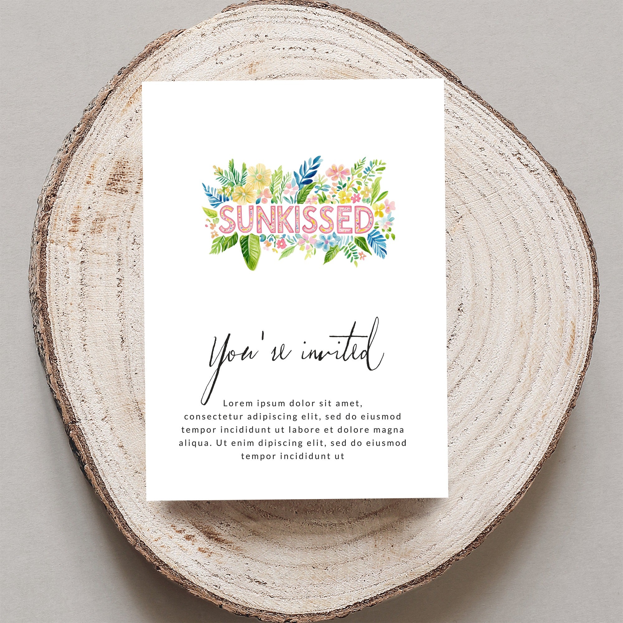 "SUNKISSED" invitation with floral accents and placeholder text.