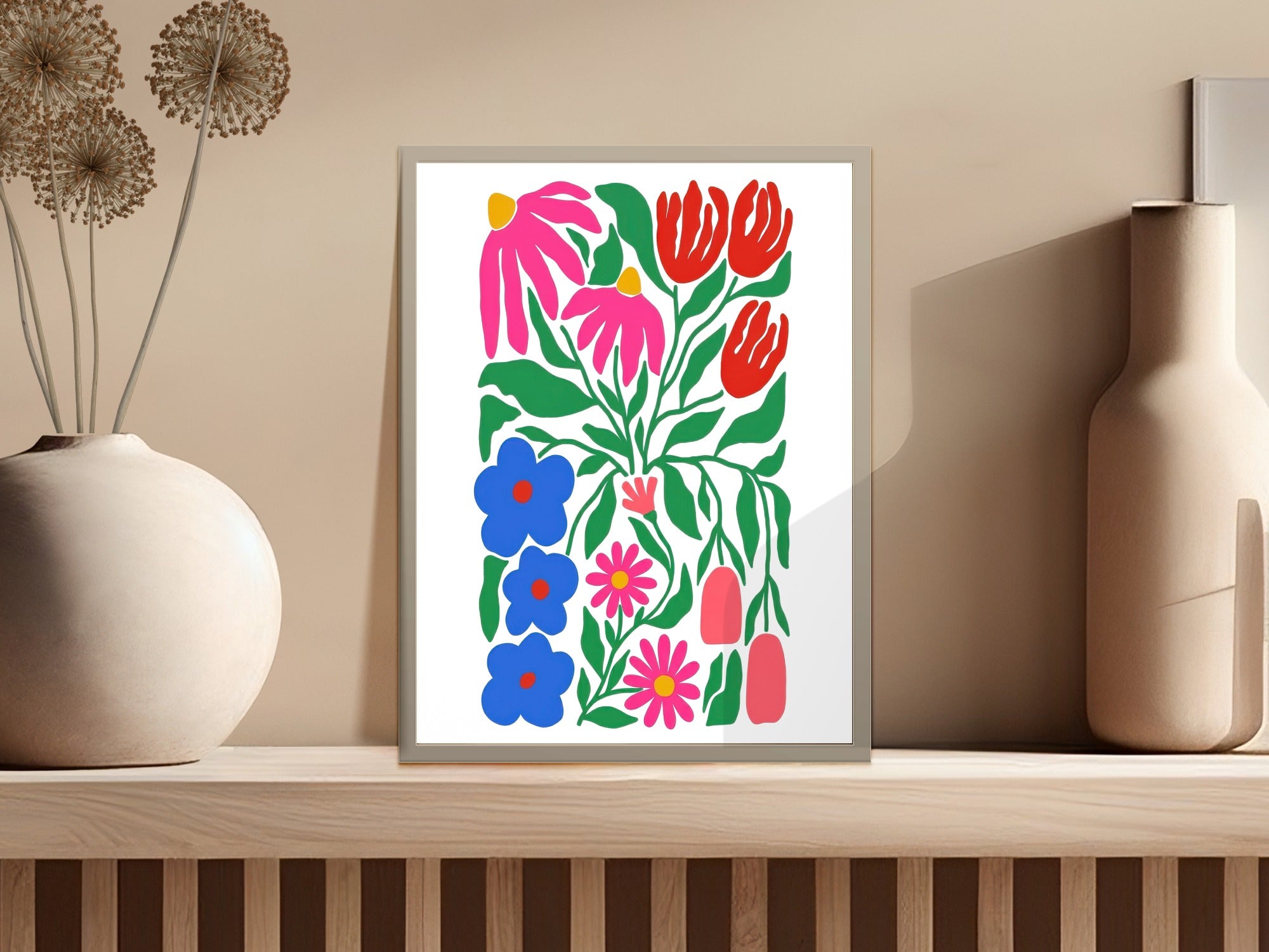 Colorful floral illustration with red tulips and blue flowers in a frame.
