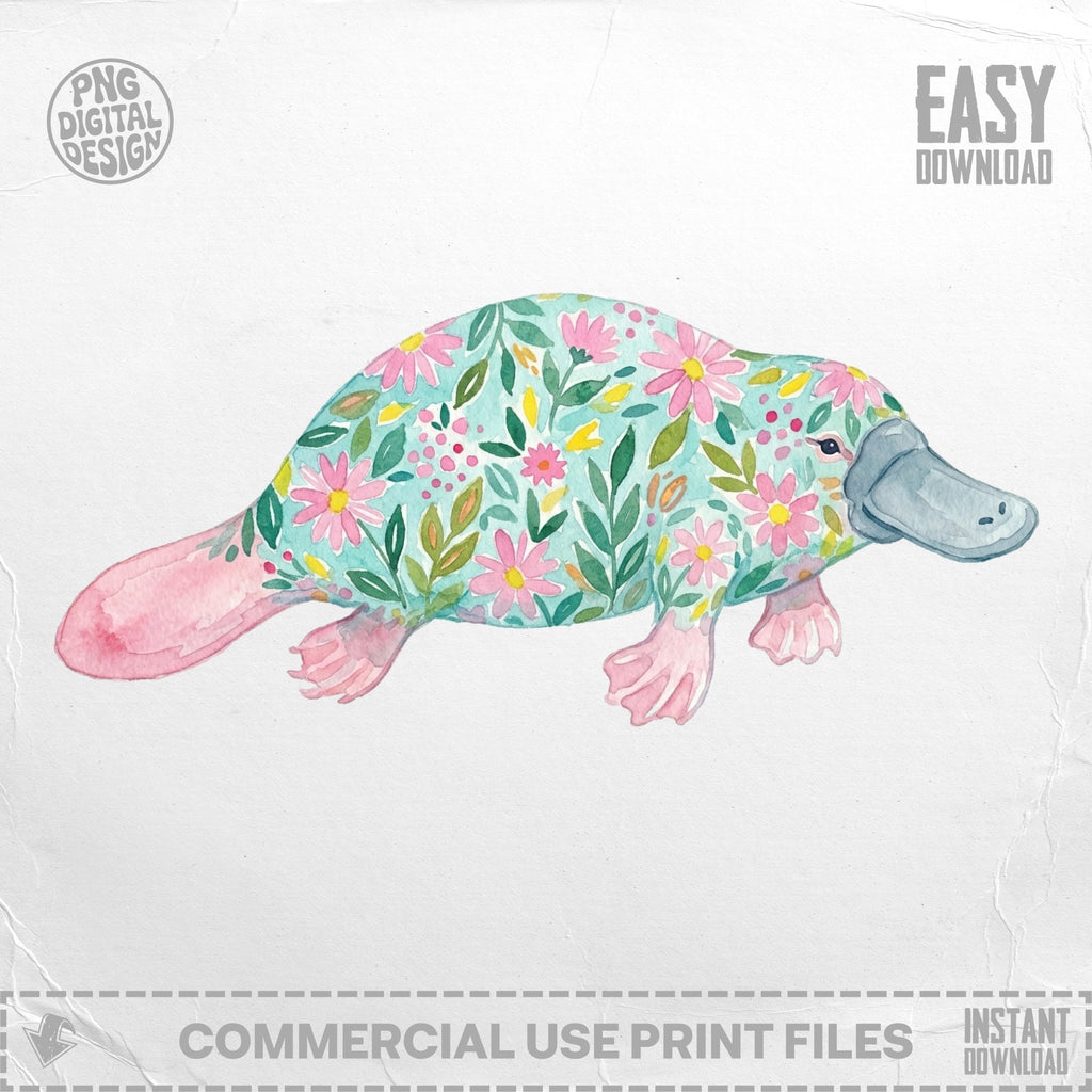Watercolor platypus with floral pattern and "EASY DOWNLOAD" text.