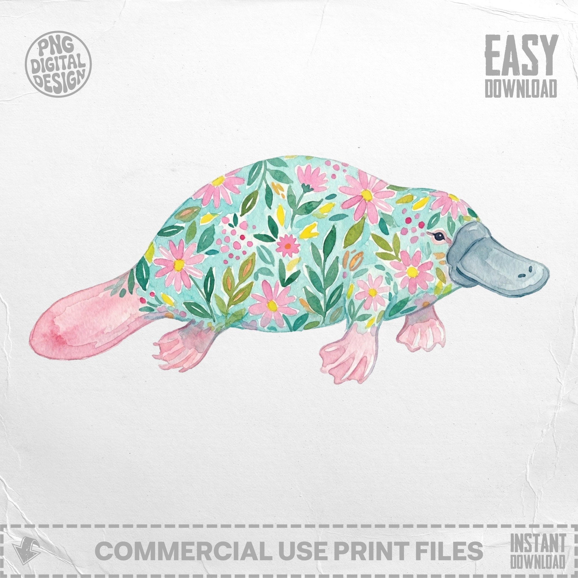 Watercolor platypus with floral pattern and "EASY DOWNLOAD" text.