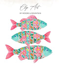 Three decorative fish in teal, pink, and green with "Clip Art" text.