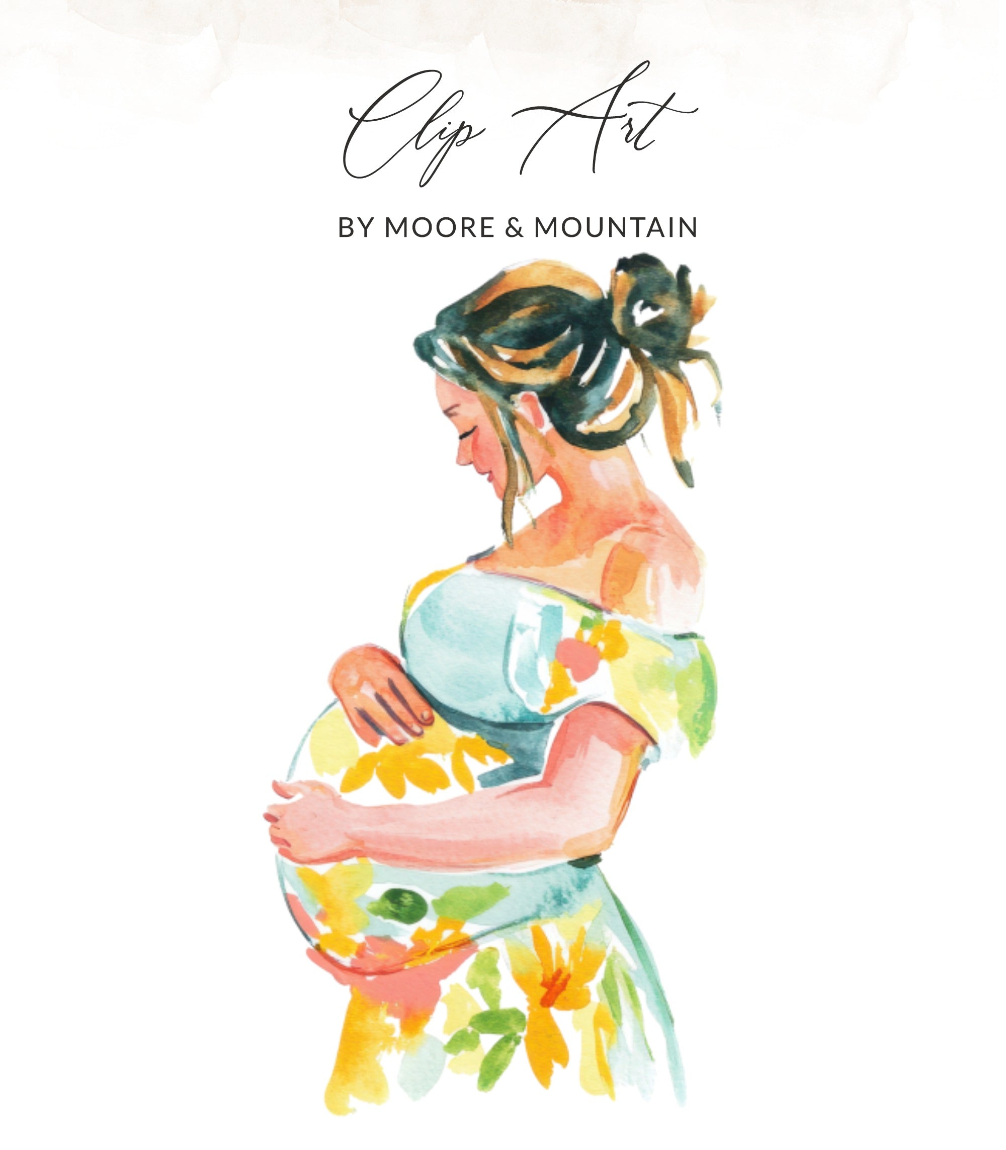 Watercolor illustration of a pregnant woman in a floral dress.