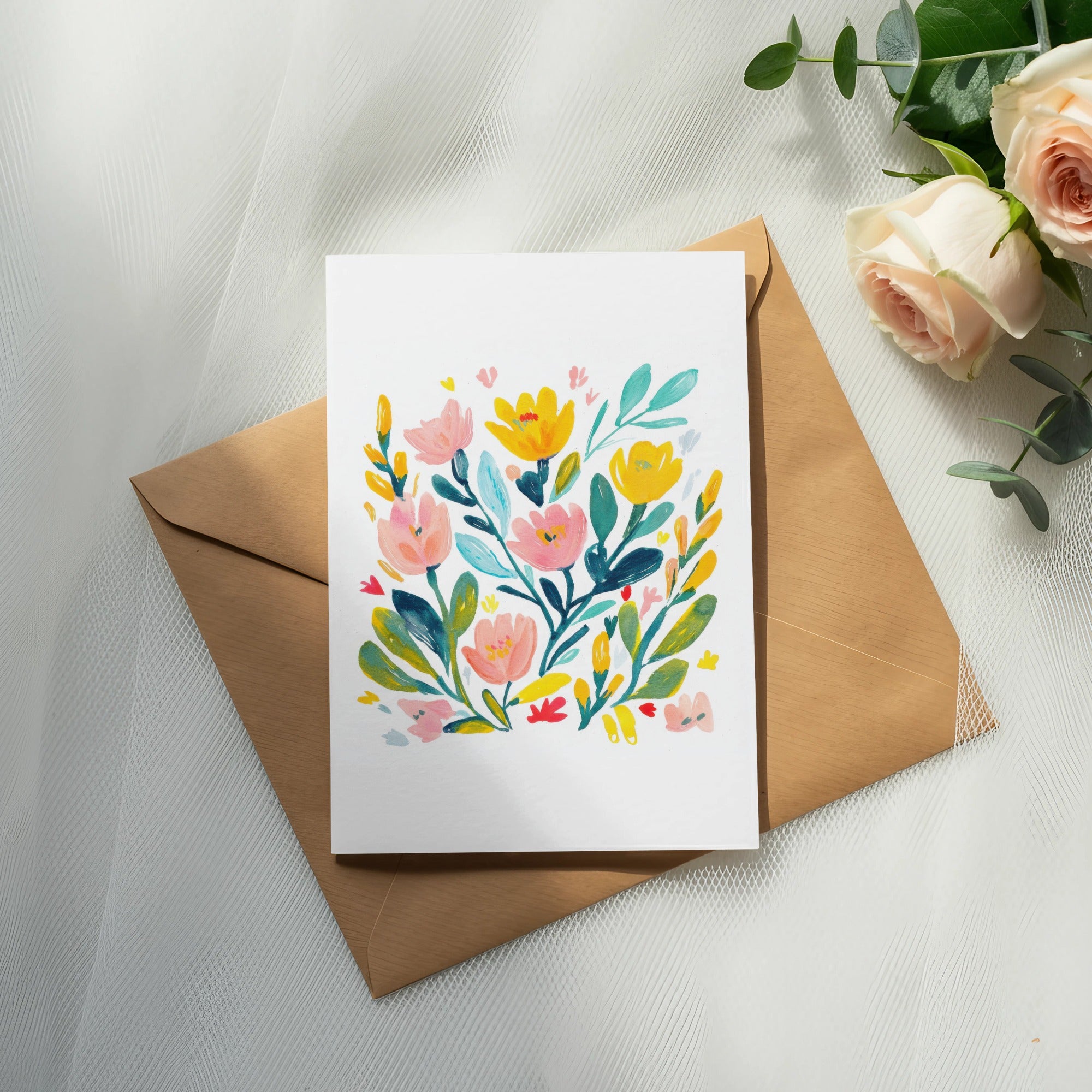 Watercolor floral illustration on a card with a brown envelope and roses.
