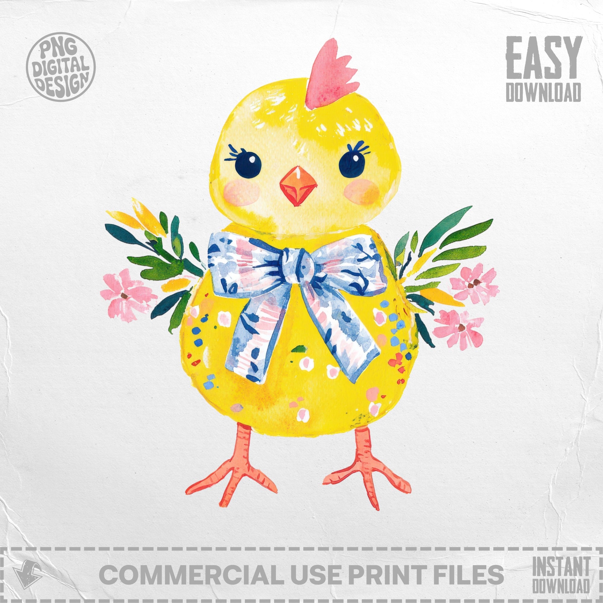 Cute yellow chick with blue bow and pink flowers, "Easy Download".