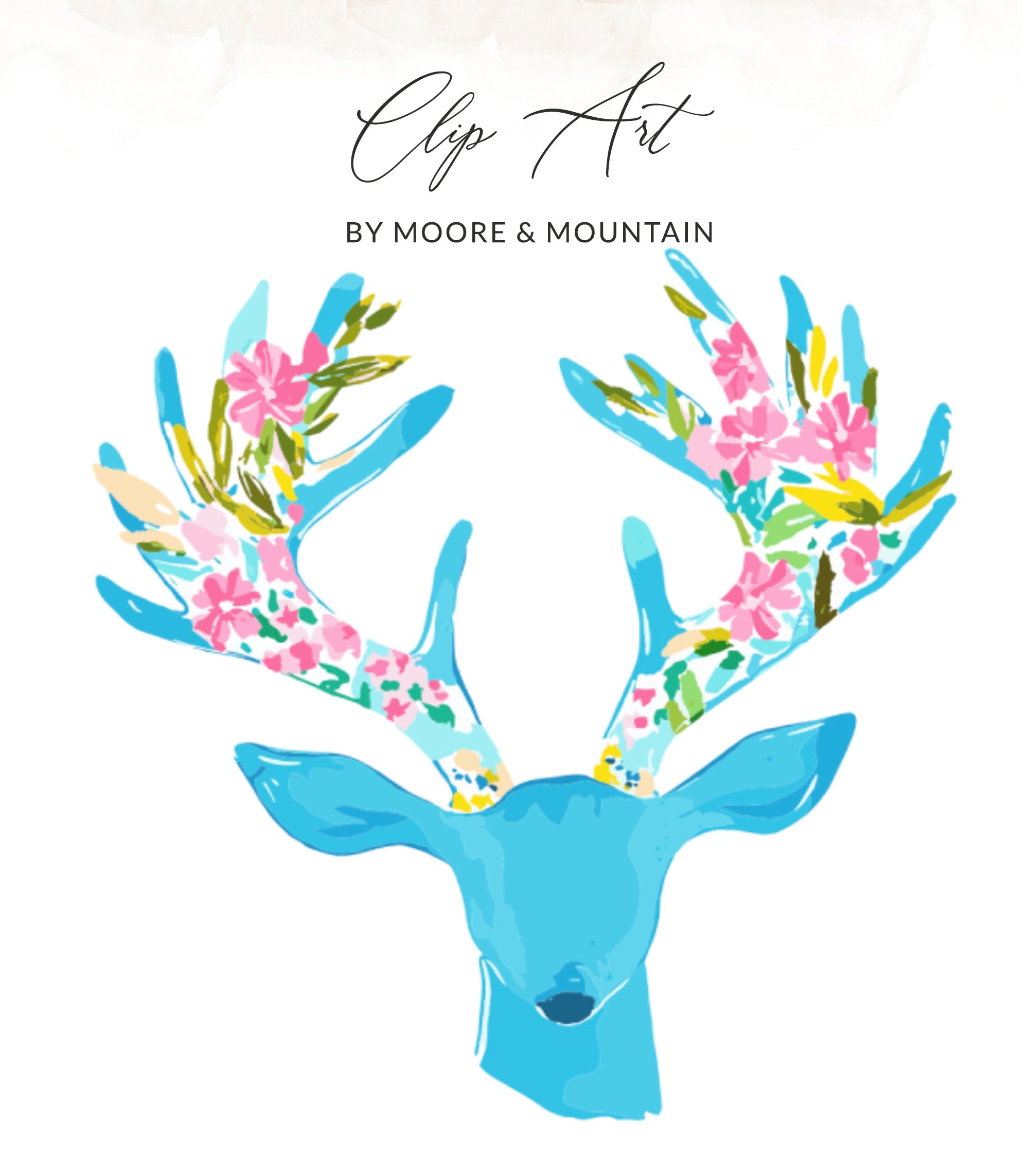 Blue deer antlers decorated with colorful floral watercolor splashes.