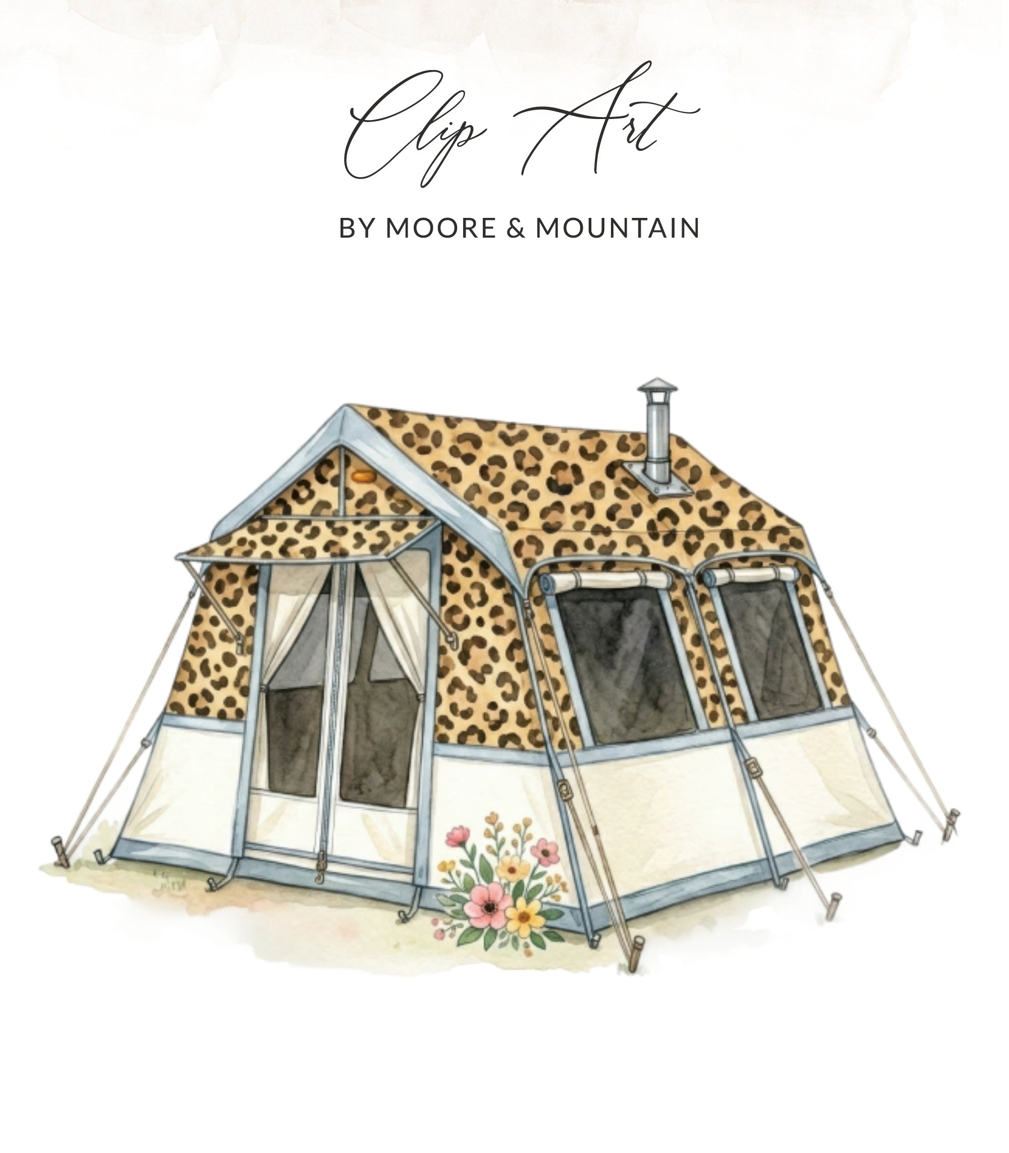 Leopard print tent with floral accents and "Clip Art" text.