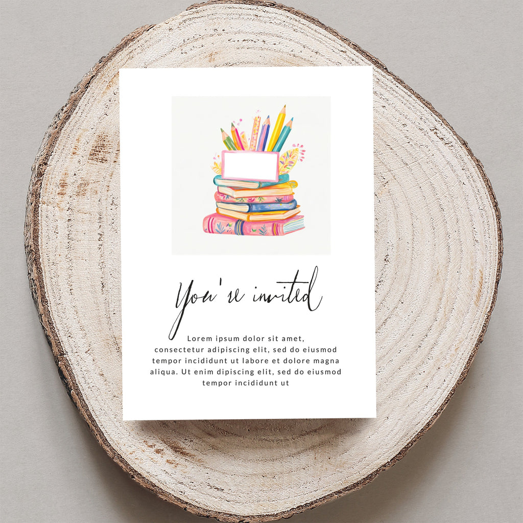 "You're invited" invitation with colorful books and pencils illustration.