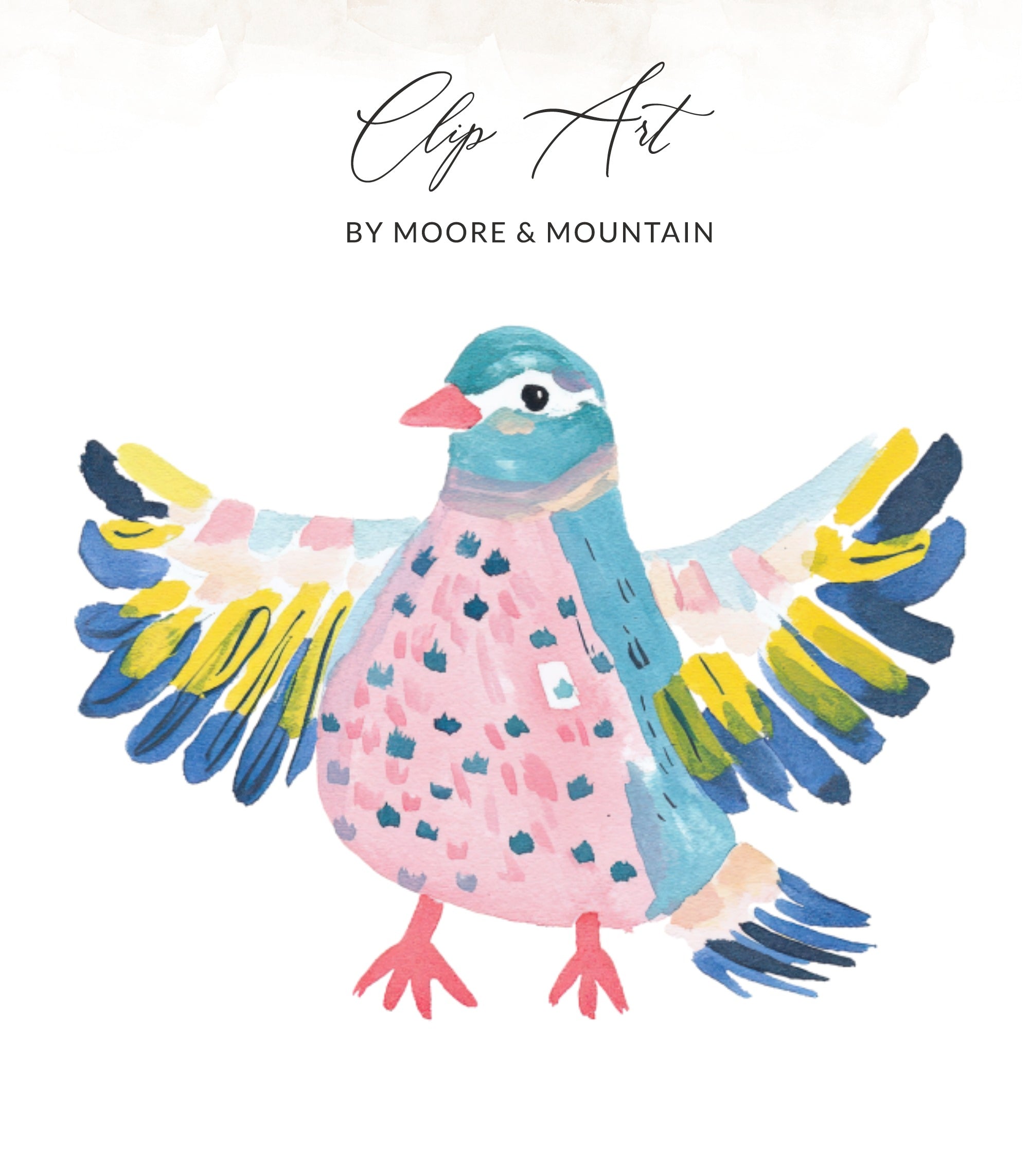 Watercolor clip art of a colorful bird with pink, blue, yellow, and white feathers.