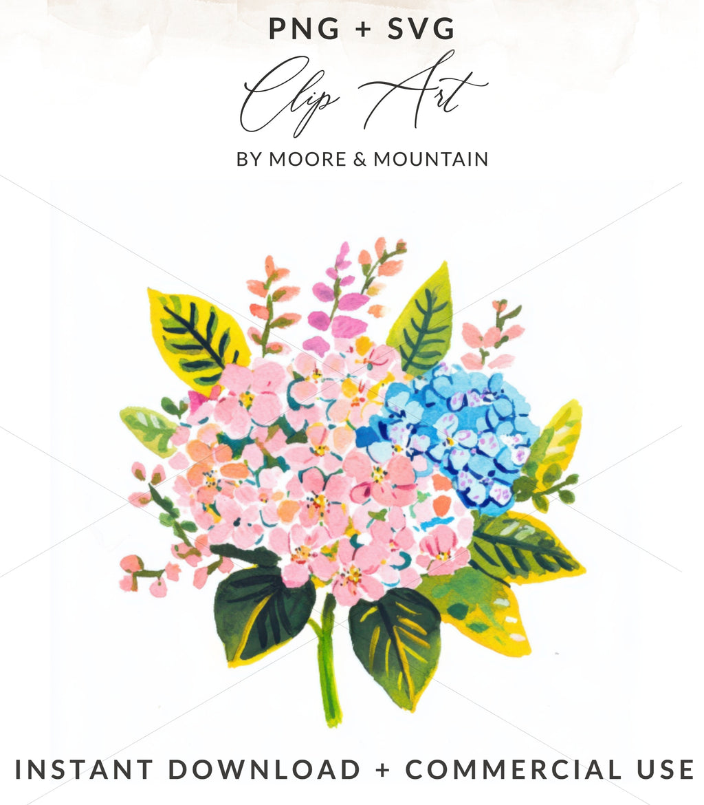 Watercolor floral bouquet with text "PNG + SVG" and "INSTANT DOWNLOAD + COMMERCIAL USE".