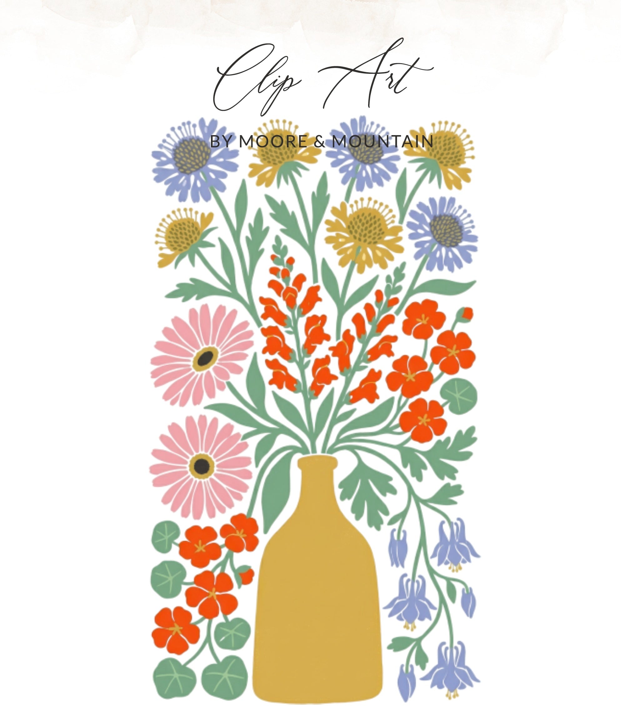 Yellow vase with a bouquet of colorful flowers and text "Clip Art BY MOORE & MOUNTAIN".
