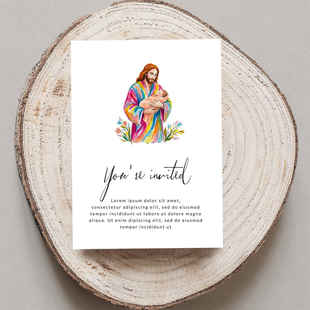 Invitation with watercolor Jesus holding a baby, "You're invited" text.